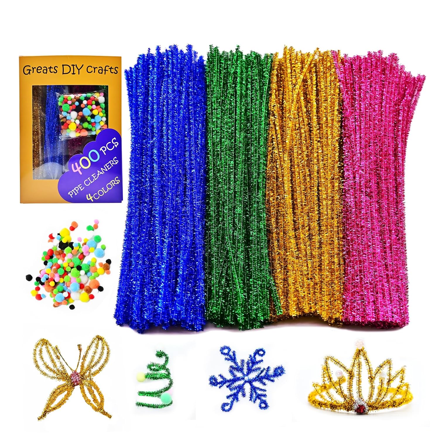 400Pcs Pipe Cleaners Craft Set(Including 130 PCS Mix Pompom), Glitter Pipe Cleaners with 4 Assorted Colors for Crafts,Glittery Chenille Stems, DIY Art Supplies Pipe Cleaners for Decorations