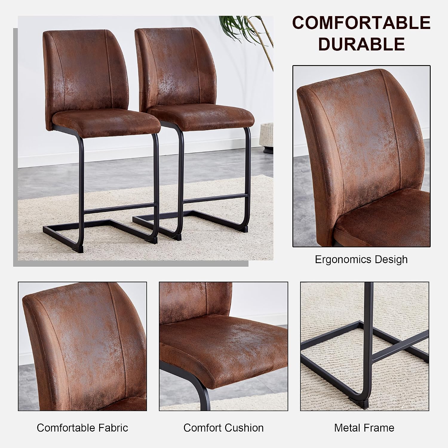 JUFU Bar Stools Set of 4,Faux Leather Upholstered High Stool with high backrest and Metal Legs, Bar Chairs for Restaurants, Home Bars and Kitchen Bars