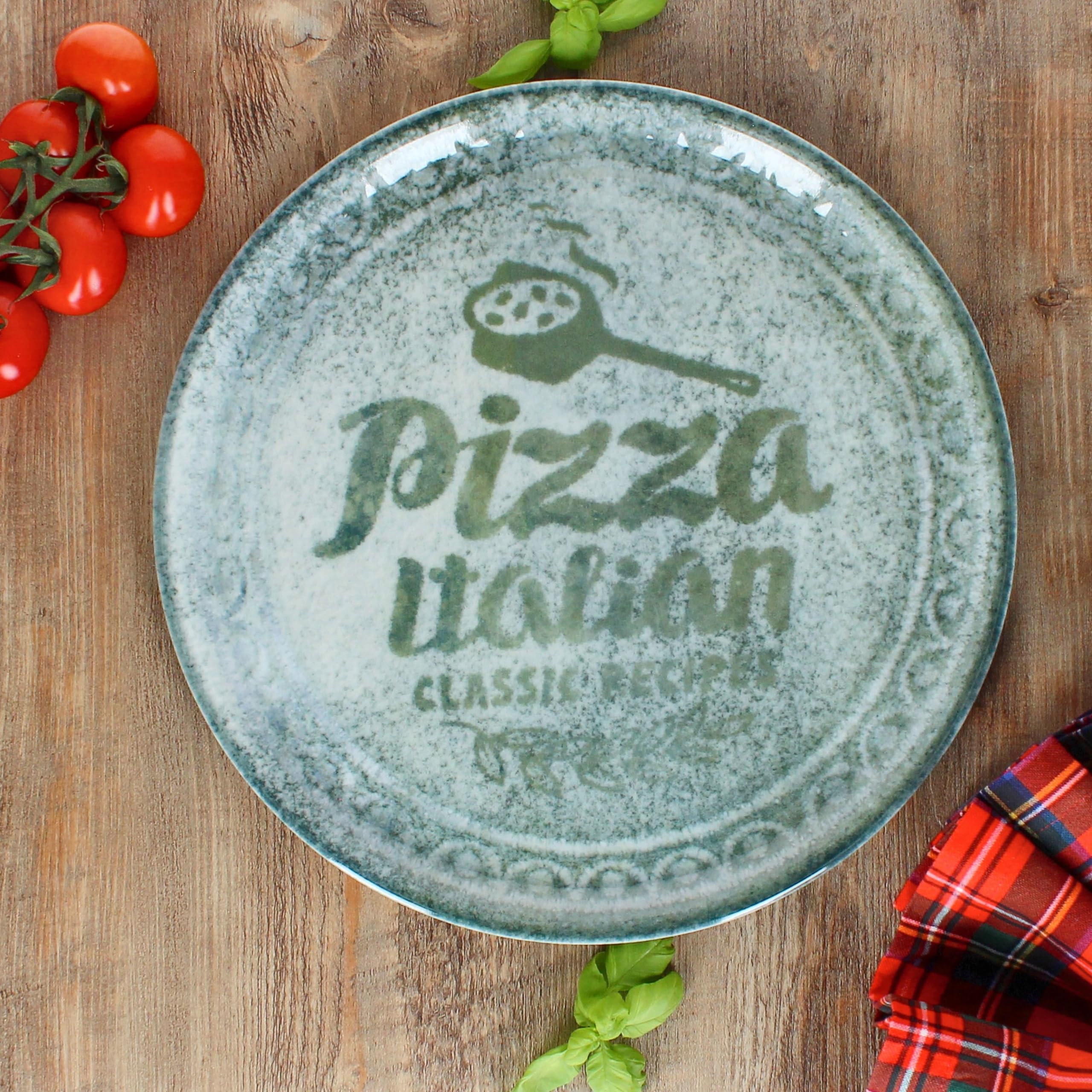 MamboCat Set van 4 pizzaborden groenten en olie, diameter 31 cm, voor 4 personen, grote pizzaborden van porselein met decoratie en letters, voor pizza's of om te serveren, XL-platte borden