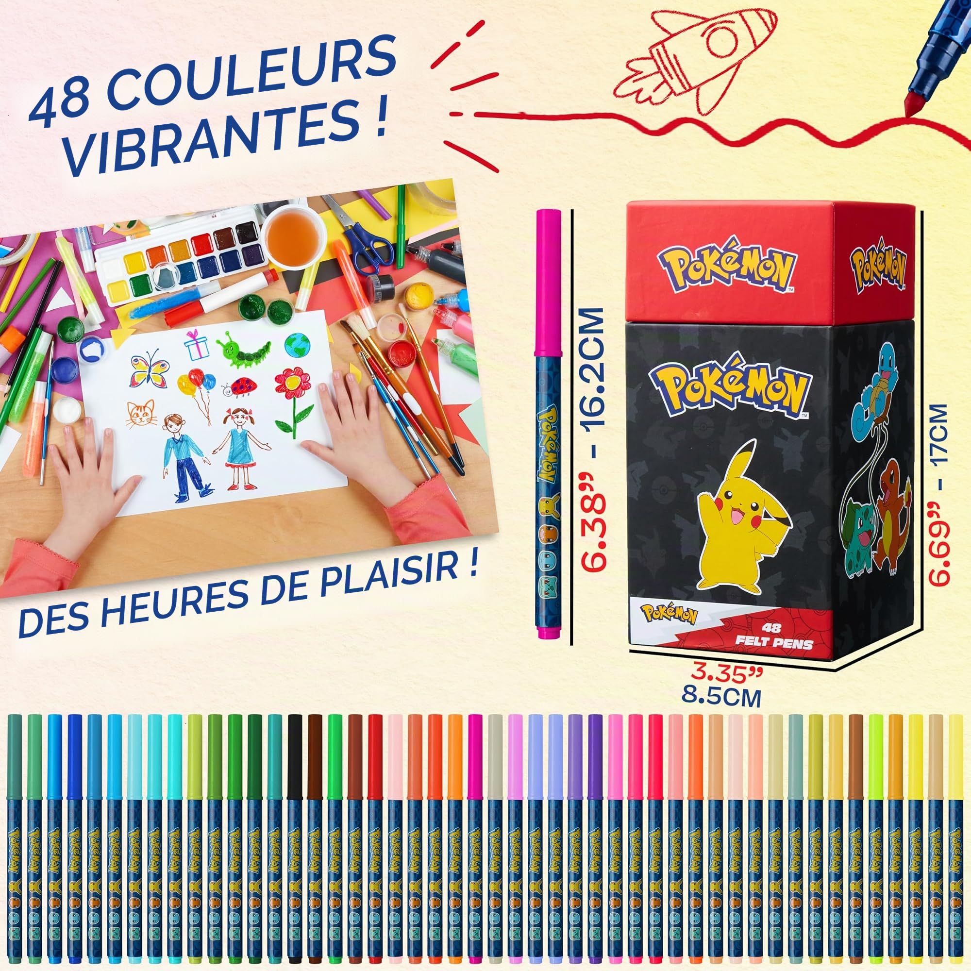 Pokémon Feutres Coloriage Enfants Set de 48 Stylos Feutres Lavables Pikachu Kit Créatif Enfant École Voyage Coffret Coloriage Idée Cadeau