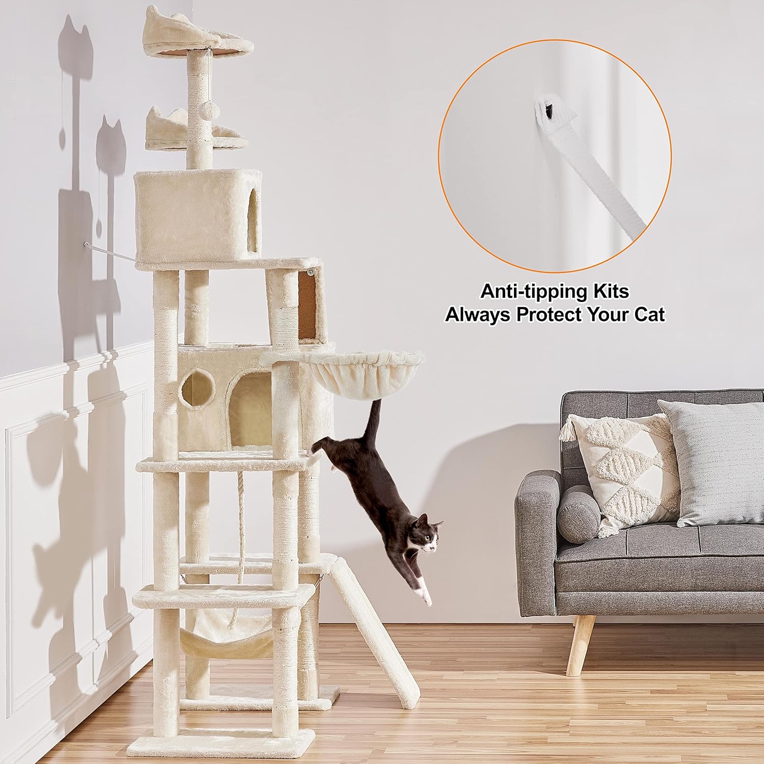 A cat tree with an anti-tipping strap attached to the wall, with text 'Anti-tipping Kits Always Protect Your Cat'.