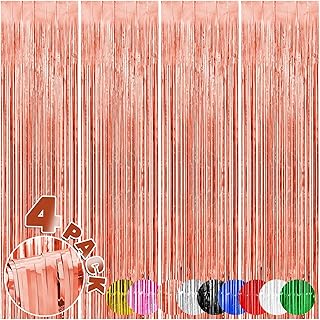 4-Pack Backdrop for Party Decorations, Foil Fringe Backdrop Curtains, Tinsel Streamers for Birthday Party Decorations, Rose Gold Tinsel Curtain for Graduation Mermaid Baby Shower New Year Prom Parties