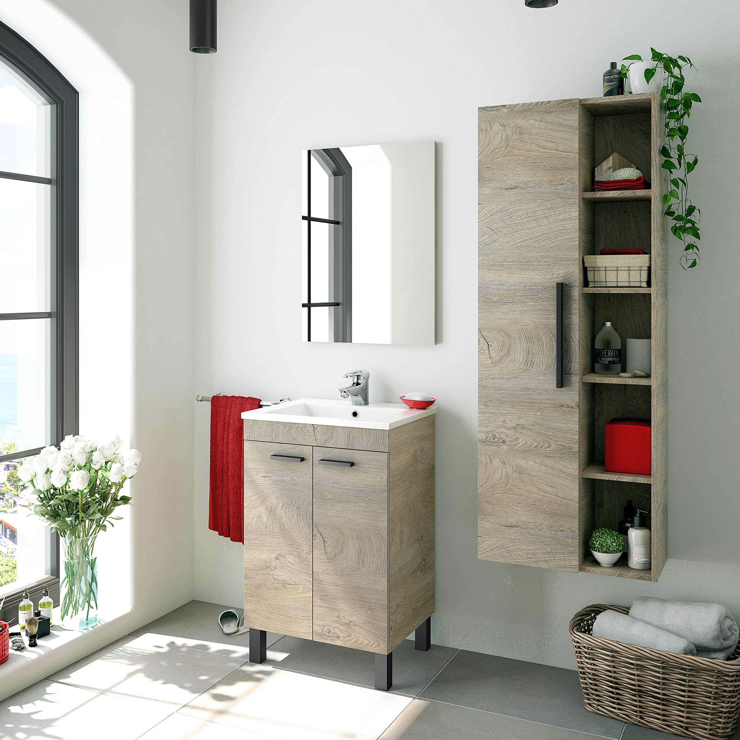ARKITMOBEL – Mueble de Baño con 2 Puertas y Espejo, Módulo Lavabo con Patas, Color Roble Alaska, 50x80x40 cm – Modelo PM (Lavabo no Incluido)