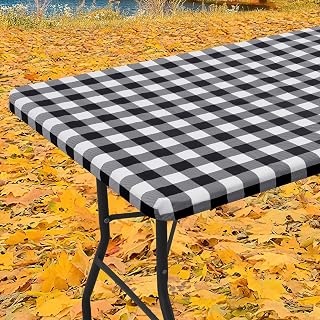 Smiry Rectangle Picnic Table Cloth, Elastic Waterproof Fitted Vinyl Tablecloths, Flannel Backed Buffalo Plaid Table Covers for Dining, Camping, Outdoor (Black and White, 30" x 72")