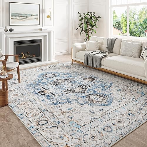 Alfombra vintage de 5 x 7 pies, color azul, lavable, para sala de estar, alfombra tribal envejecida, alfombra retro para oficina, comedor, lana
