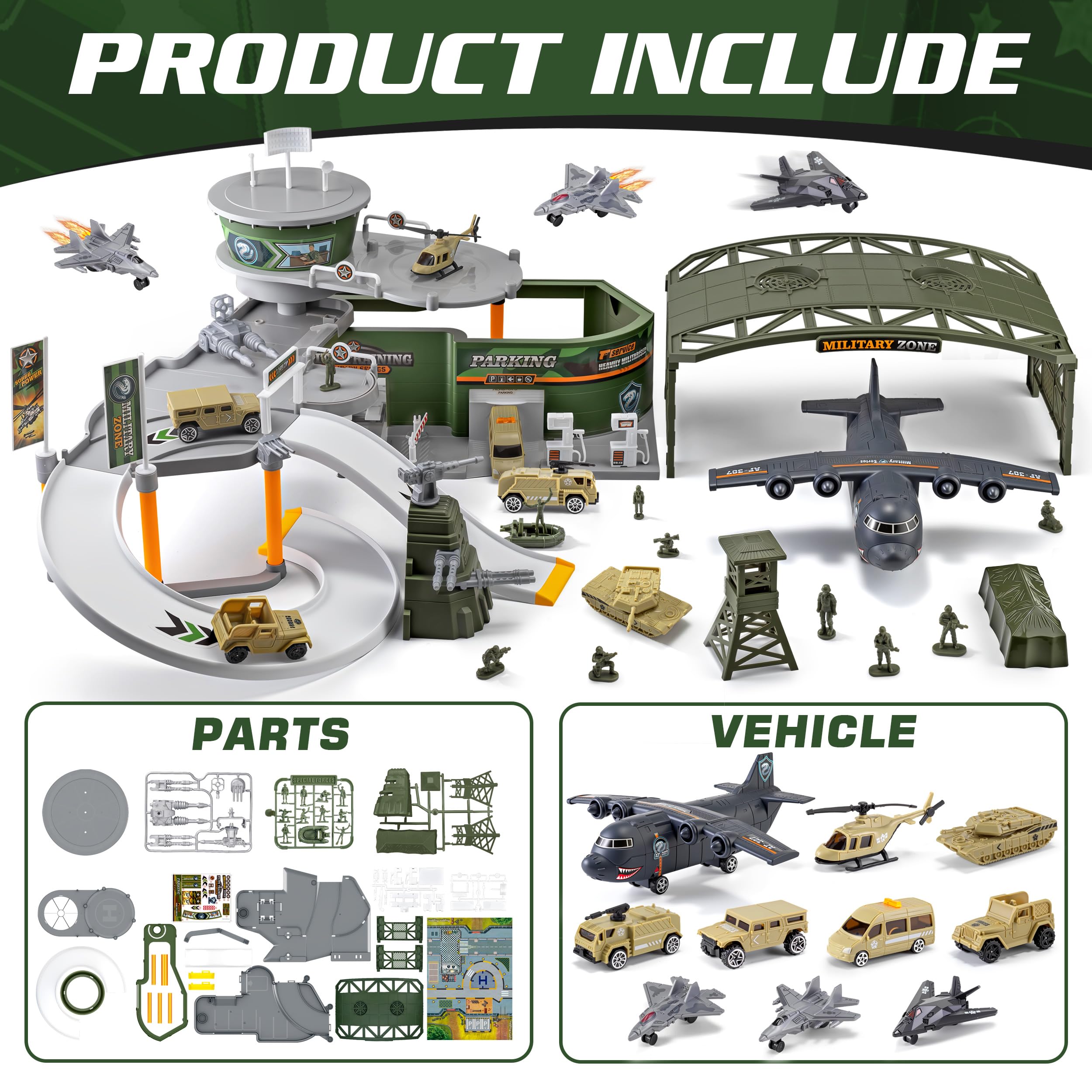 Juego de pista de carreras de juguete de base militar con avión, tanques, autos, helicópteros, aviones de combate, figuras de acción del ejército y alfombra de juego, juguetes de vehículos del 2