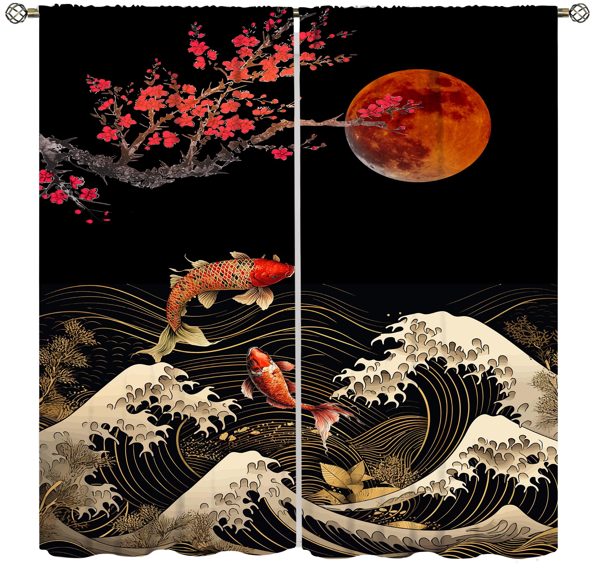 Koi Kitchen Curtains Japanese Style Cherry Blossom Sea Wave Living Room Curtains Oriental Koi Carp Pattern Printed Curtains Bedroom Living Room Kitchen Blackout Curtains 42x45 Inch 2 Panels