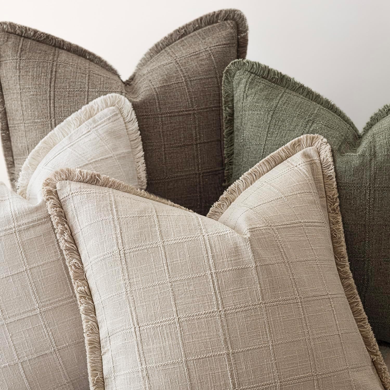 Foindtower Set of 2 Decorative Linen Check Fringe Throw Pillow Covers Farmhouse Vintage Cushion Covers Modern Boho Home Decor for Sofa Chair Couch Bedroom Living Room,20×20 Inch,Natural Beige