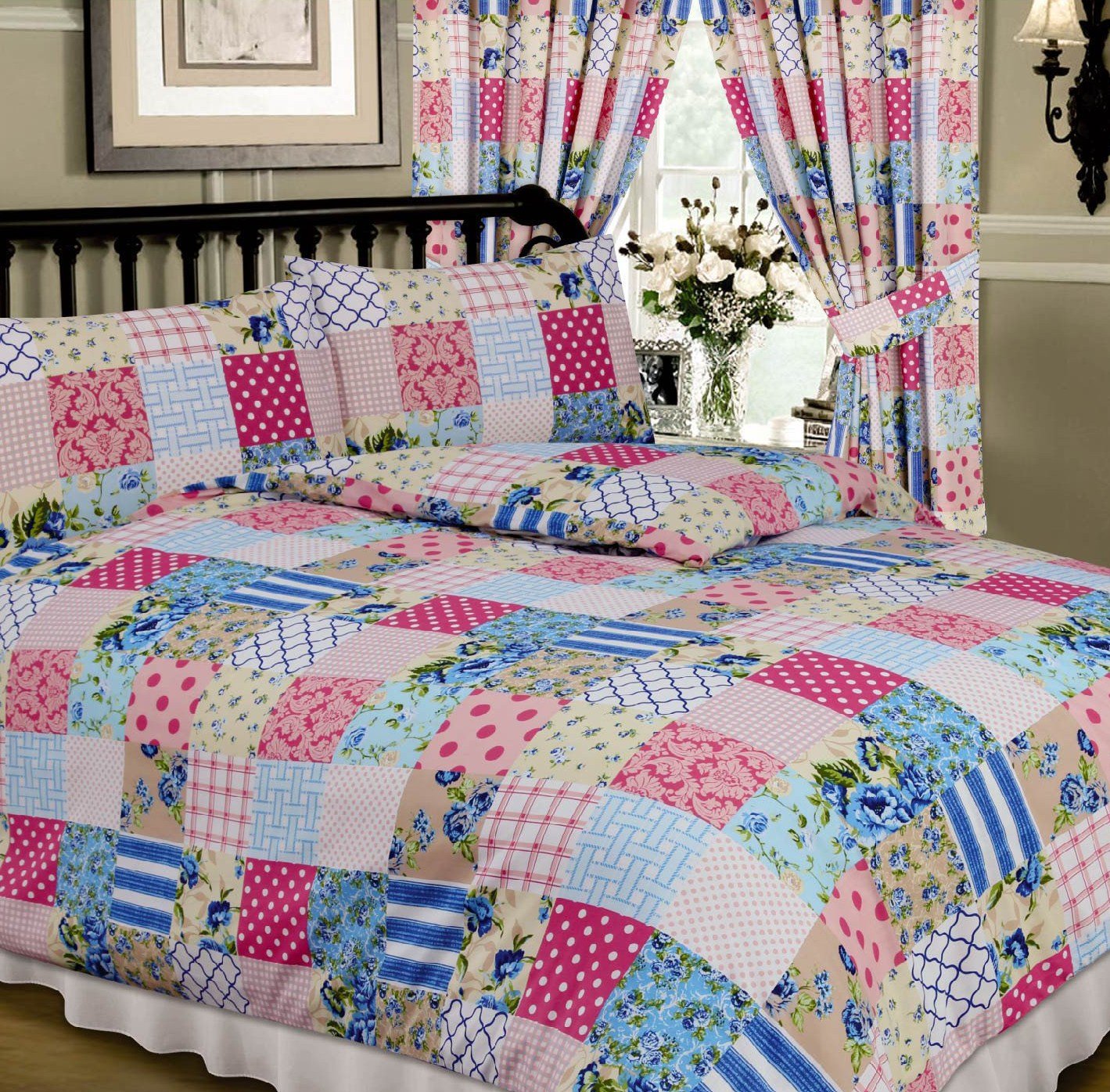 Patchwork Blue, Single Bed Duvet/Quilt Cover Set, Floral Damask Polka Dots Spots Flowers Thatch Weave Tartan Check, Pink Blue Cream White Beige