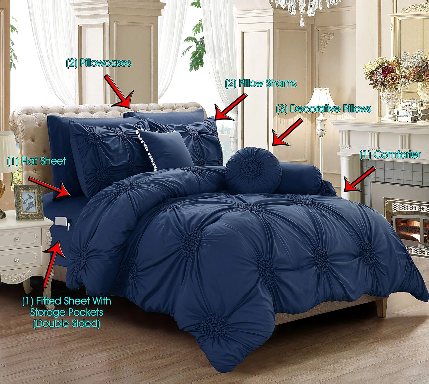 Elegant Comfort Luxurious, Softest, Coziest 10-Piece Bed-in-a-Bag Sunflower Comforter, Silky Soft Complete Set Includes Bed Sheet Set with Double Sided Storage Pockets Featured, Full/Queen, Navy Blue