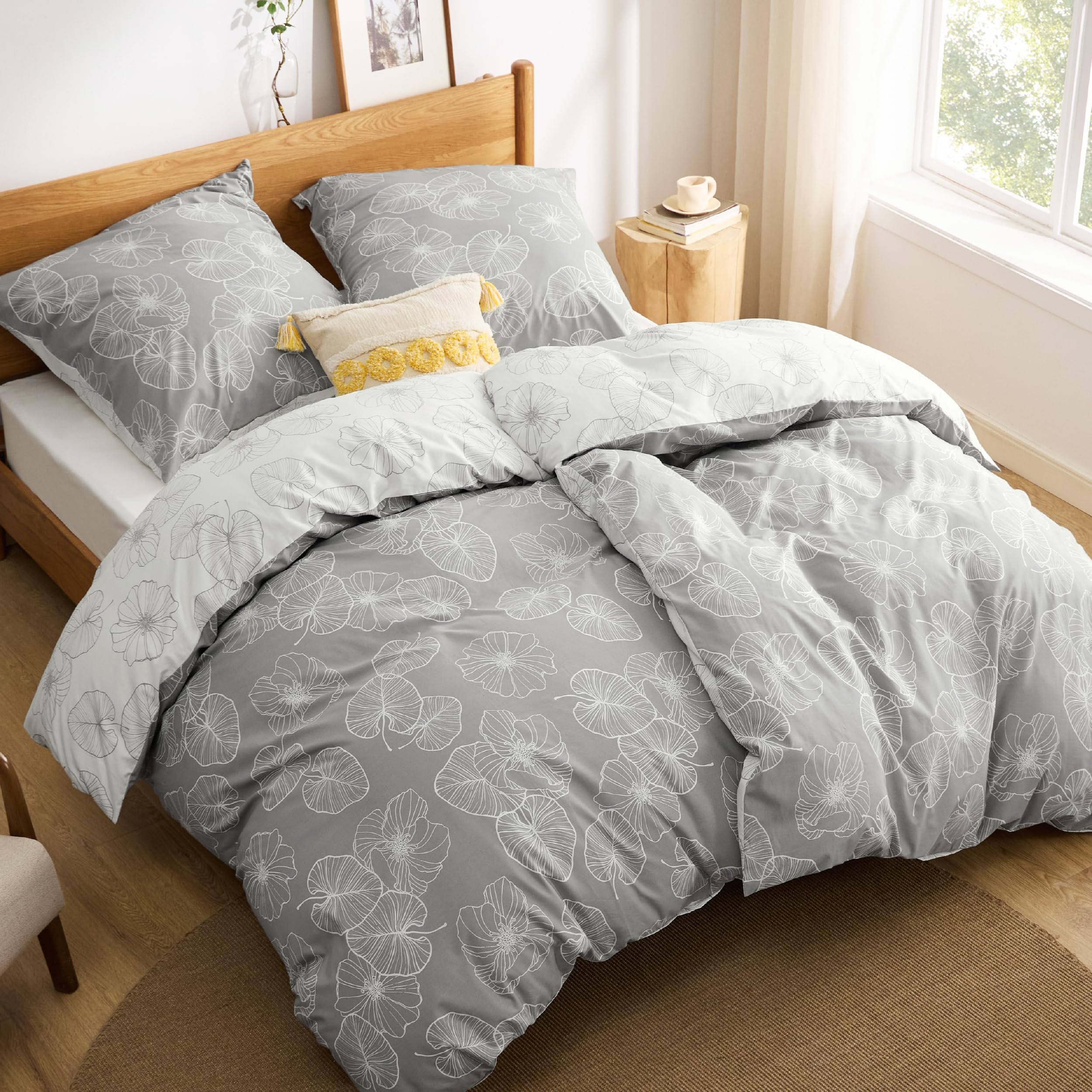 BEDSURE Bettwäsche 135x200 4teilig Baumwolle - Bettwäsche-Sets 2er Set Grau Bettbezug mit 2 Kissenbezüge 80x80 cm, ÖKO-TEX Wendebettwäsche Bedding mit Reißverschluss Ginkgo Muster