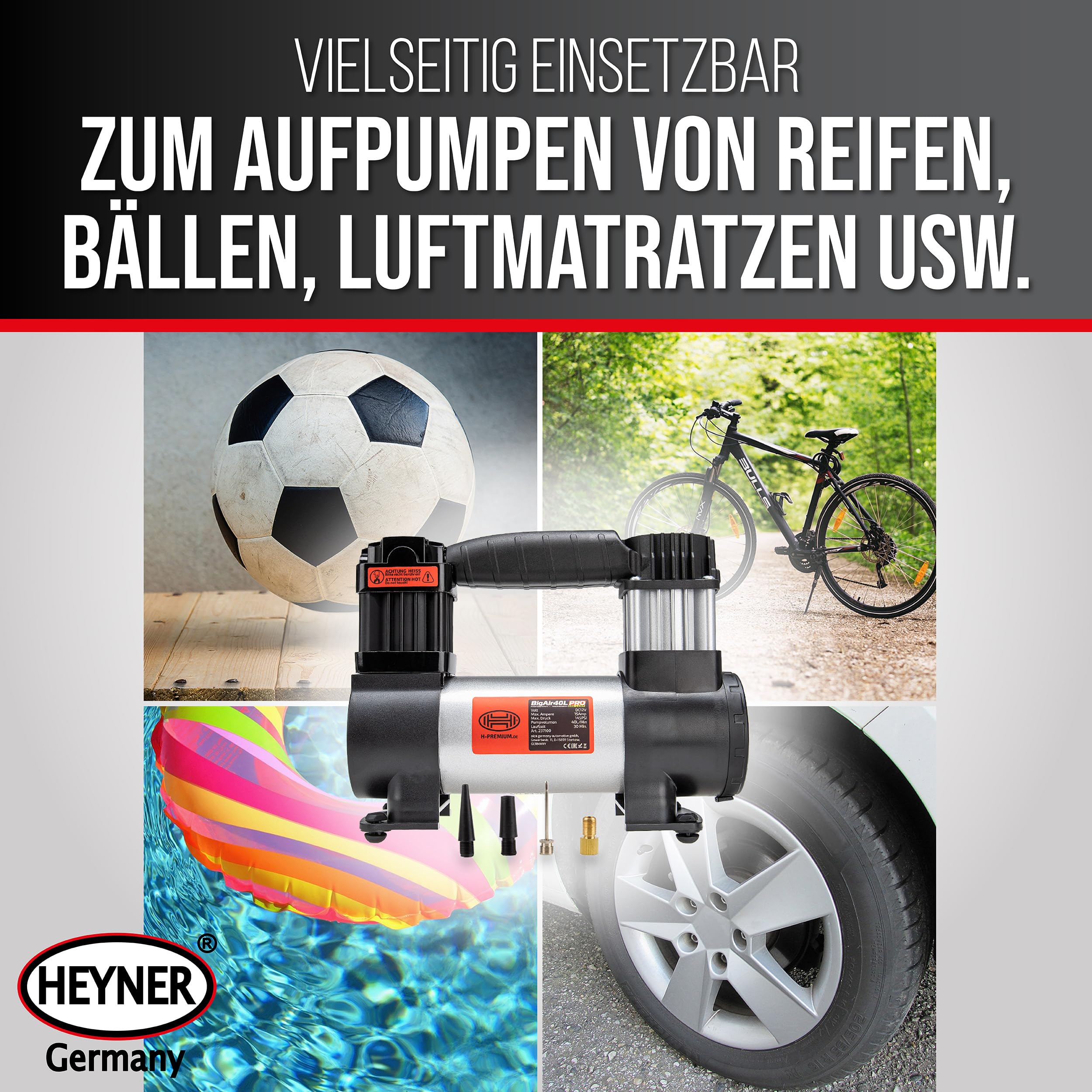 HEYNER® Kompressor 12 V 10 bar 40 l/min PKW Luftpumpe mit SMD LED Licht | Präzisions-Manometer, abnehmbarer Luftschlauch, vier Adapter inklusive Tasche, schnelles Befüllen von SUV und Van unterwegs