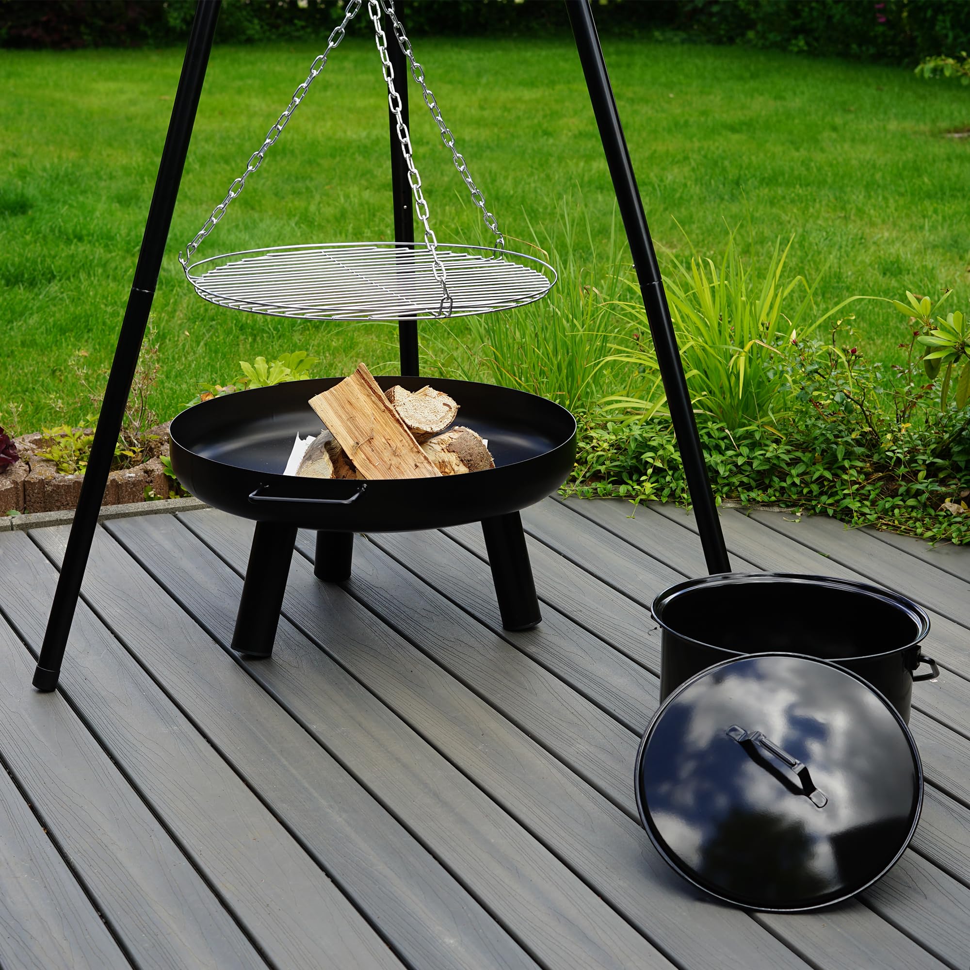 LEMODO Schwenkgrill mit Feuerschale, Dreibein Grill mit Grillrost, Hängegrill mit Gulaschkessel, 3 Bein Grill für BBQ, Grillgestell für Gulaschtopf, Holzkohlegrill mit Zubehör
