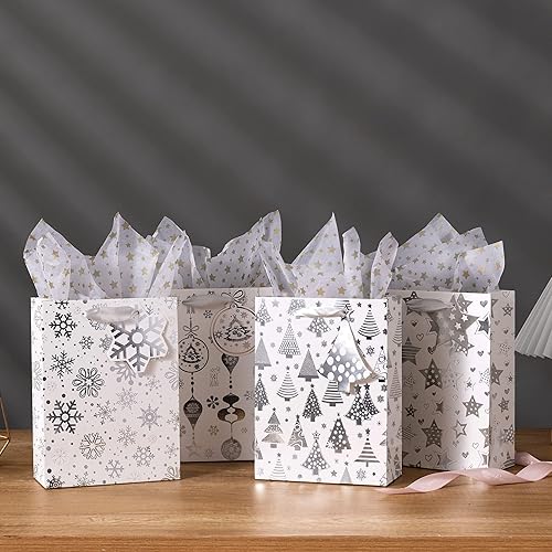 Miniatura 4 de OfficeCastle Paquete de 4 bolsas grandes de regalo de Navidad con papel de seda, bolsas de papel plateado de 13 pulgadas con asas, 10 x 4 x 13