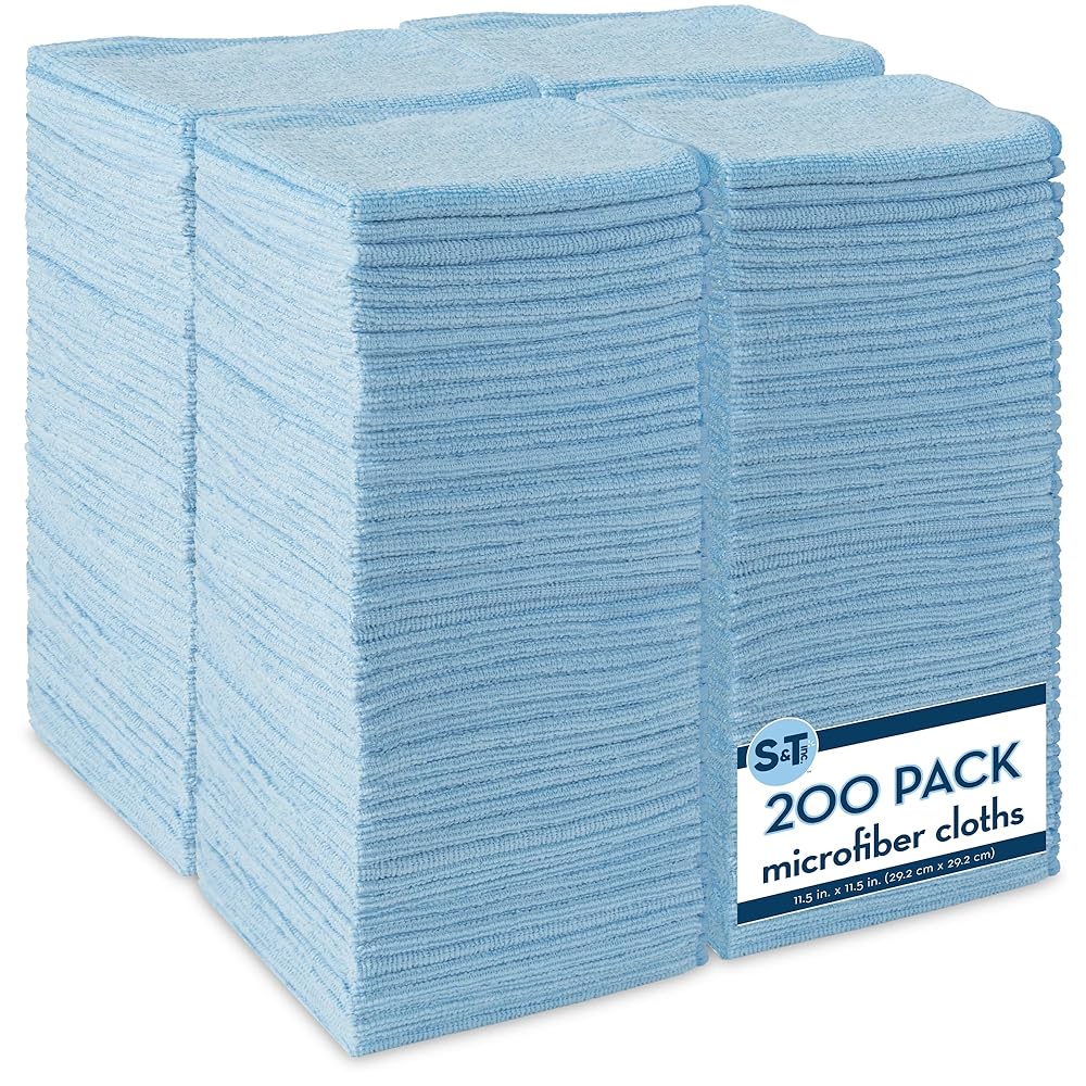 S&T INC. 200 Pack Microfiber Cleaning Cloth, Bulk Towels for Home, Reusable Microfiber Towels for Cars, Cleaning Rags, Light Blue, 11.5 Inches x 11.5 Inches, 200 Count