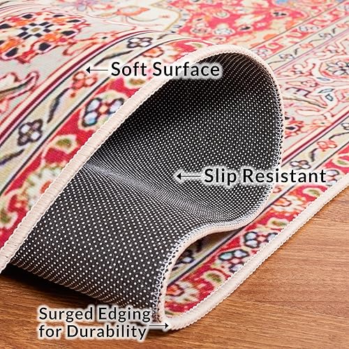 Miniatura 7 de SAFAVIEH Tucson Collection TSN107Q Medallón Oriental de 5 x 8 pies, color rojo y beige, lavable a máquina, no desprende pelusa, alfombra de área