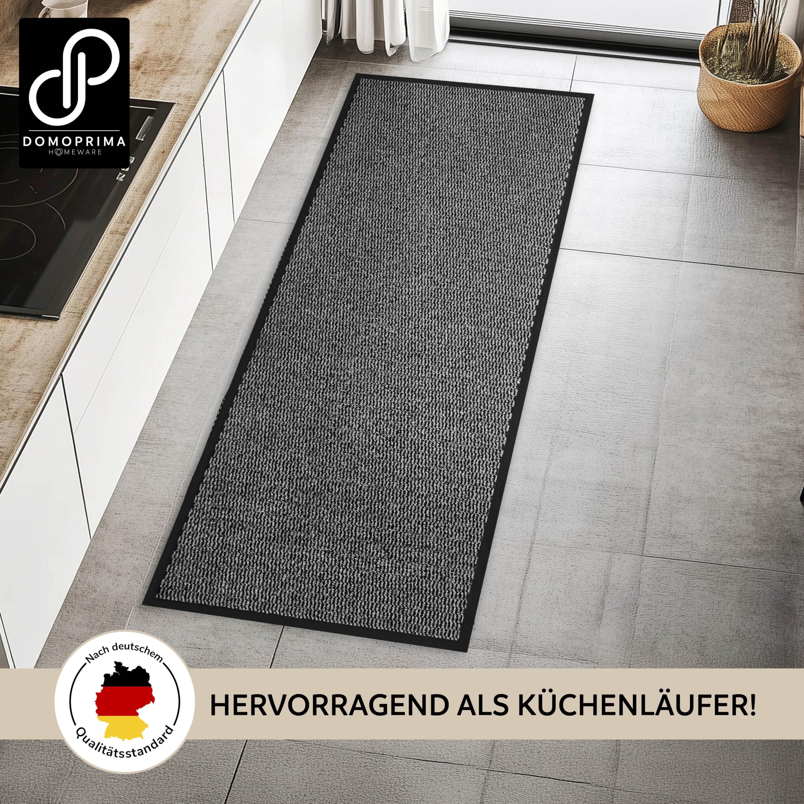 DOMOPRIMA® Premium Frisé Schmutzfangmatte in Gewerbequalität – Eingangsmatte für Büro, Praxis, Einzelhandel und Zuhause, rutschfest, geruchsneutral (grau meliert, 90 x 300 cm)