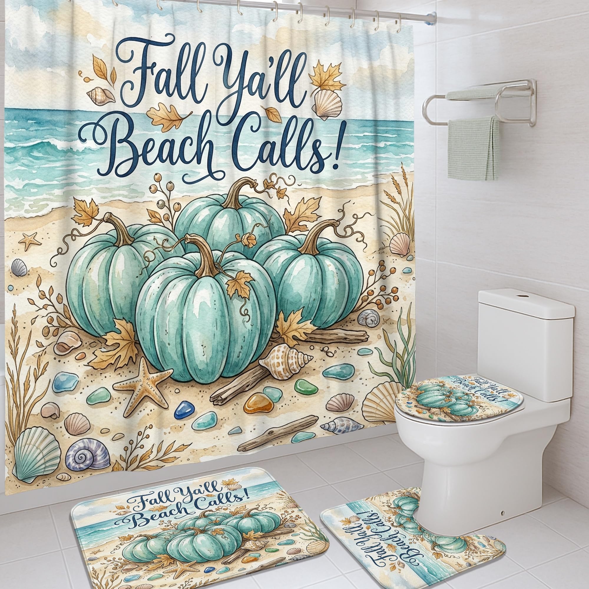 Rideau de douche imperméable turquoise 183x183 cm anti-éclaboussures imprimé plage d'automne