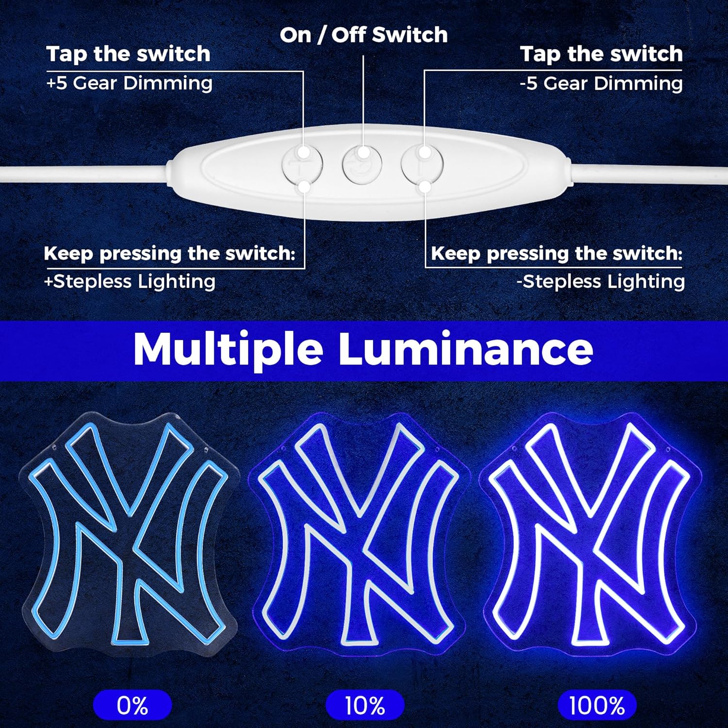 NY Baseball Neon Sign, New York Cool Light Up Dimmable NY Team Logo Hanging Led Neon Sign for Wall Decor, Bedroom, Party, Man Cave, Bedroom, Game Room Deco, Birthday Christmas Gift for Boys Fans (Blue) - Image 3