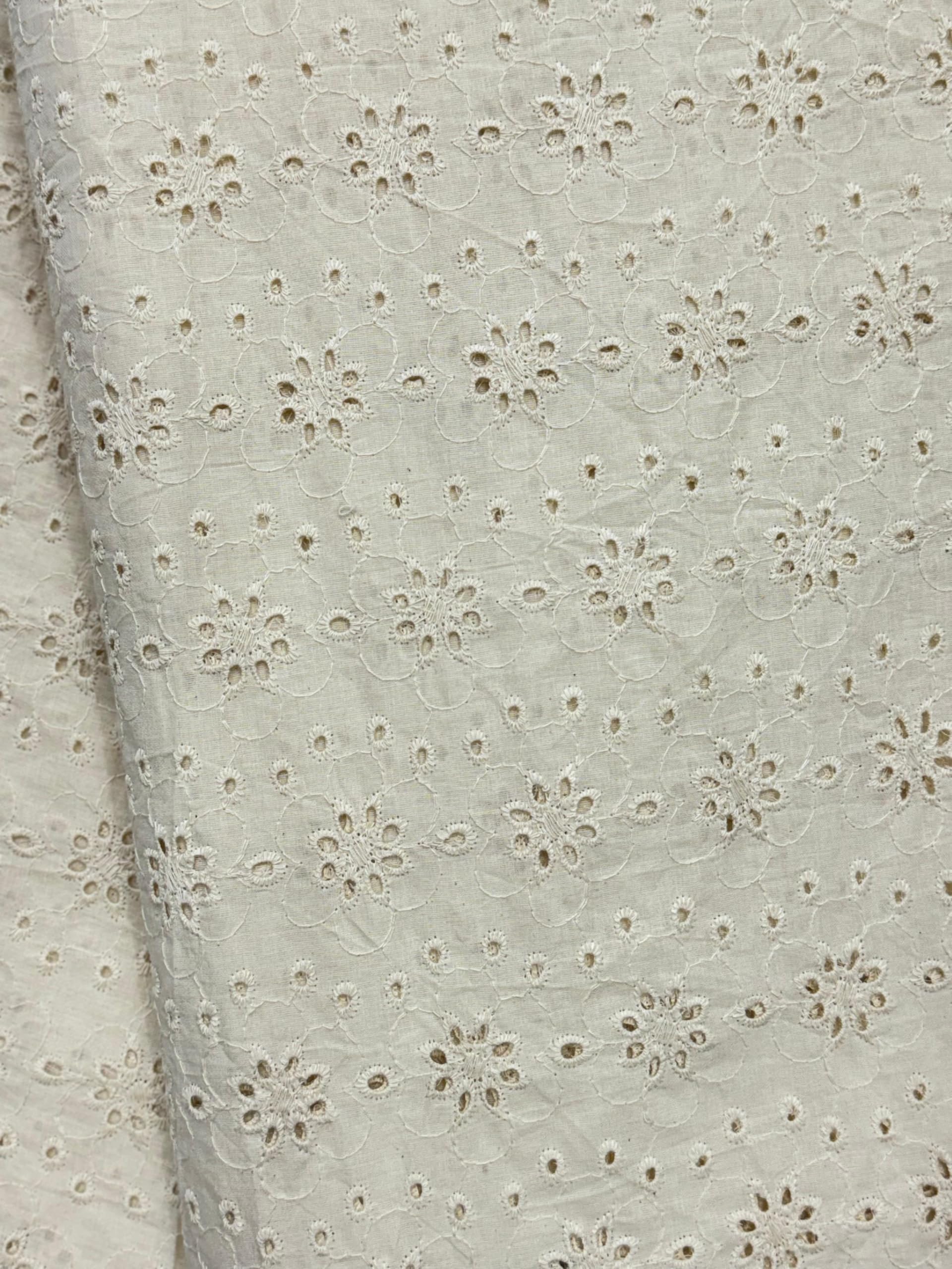 Cotton Eyelet Fabric Floral Pattern Off White Embroidery RFD (Ready for Dyeing) Greige Fabric Width 60" Schiffli Embroidery Chikankari (Cream, 2 mtr)-image-23