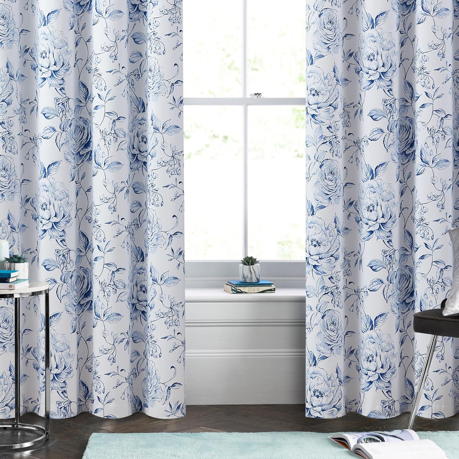 Beauoop Floral 100% Blackout Curtains 84 Inches Long 2 Panels for Bedroom Living Room Navy Blue White Farmhouse Rose Flower Patterned Room Darkening Thermal Grommet Window Treatments Drapes, 50X84 - Image 6