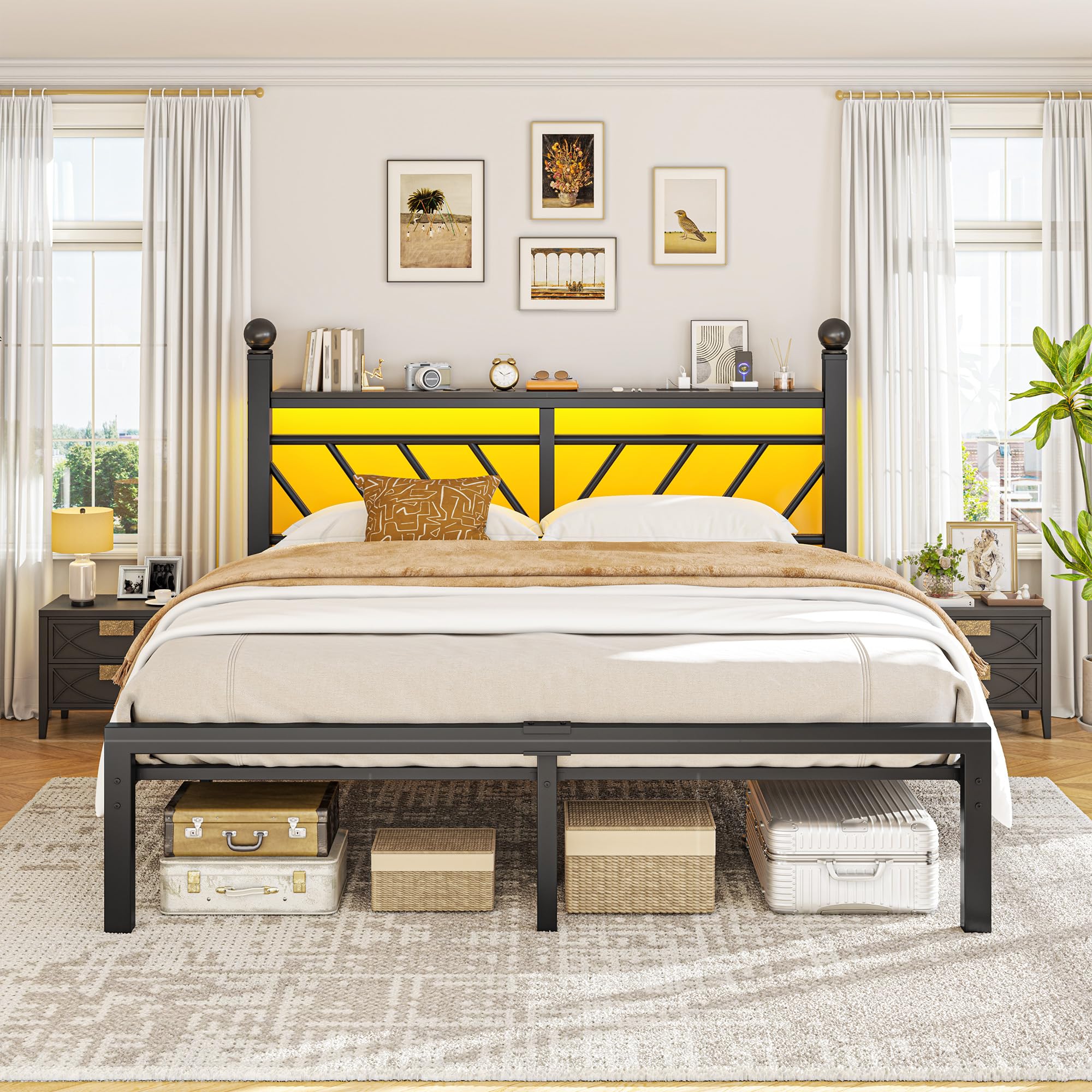 Homkdom Queen Size Metal Bed Frame with Charging Station