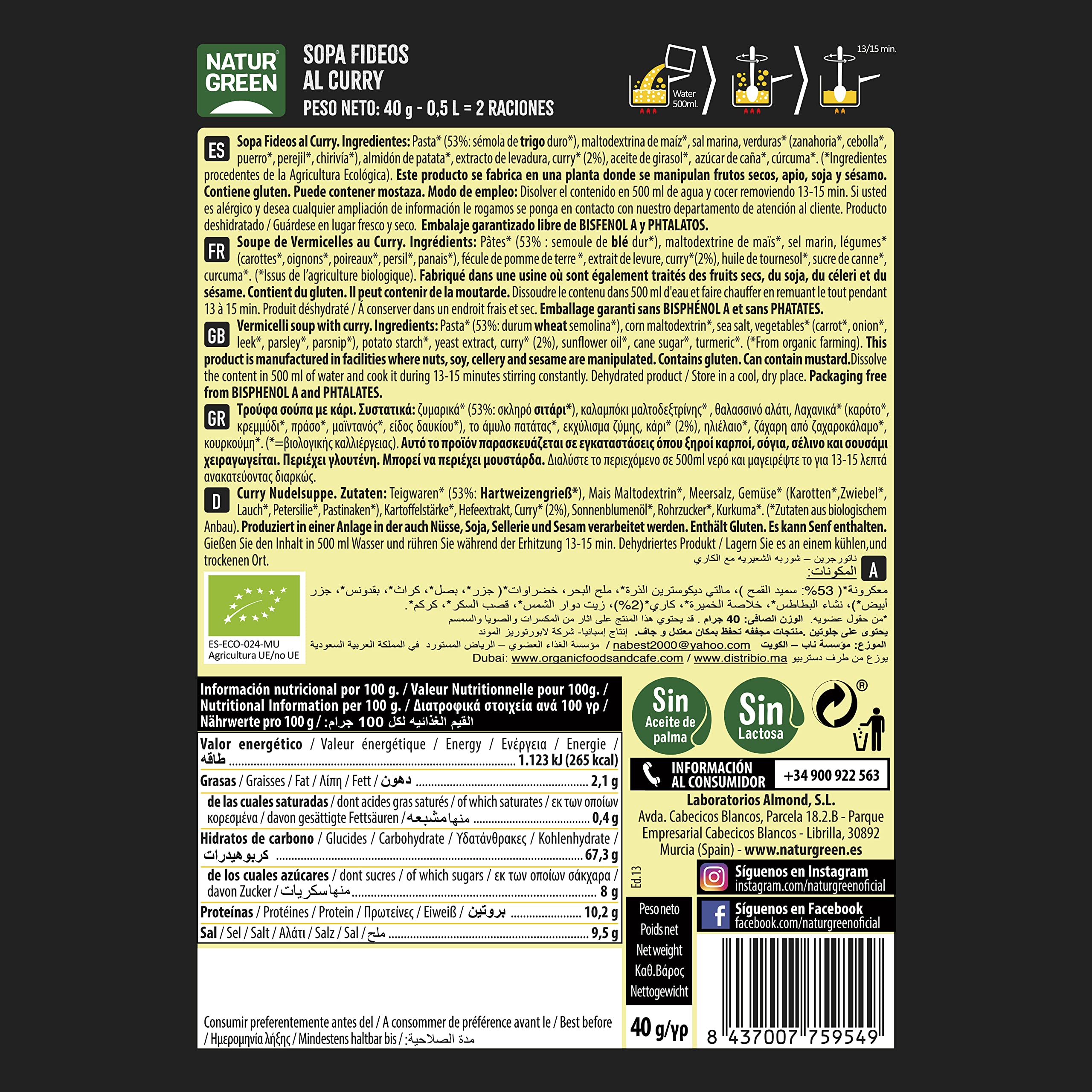NaturGreen Sopa de Fideos al Curry Bio, Caldo Vegetal, 40 g