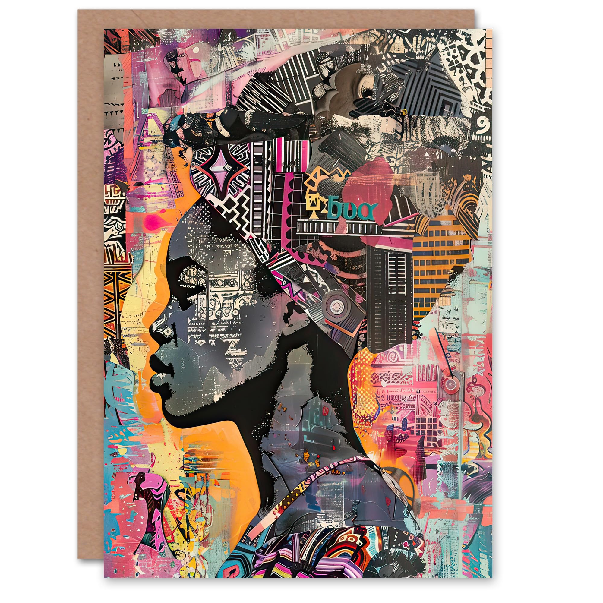Greeting Card African Woman Headwrap Portrait Modern Colourful Blank For Him Or Her Art Birthday Card
