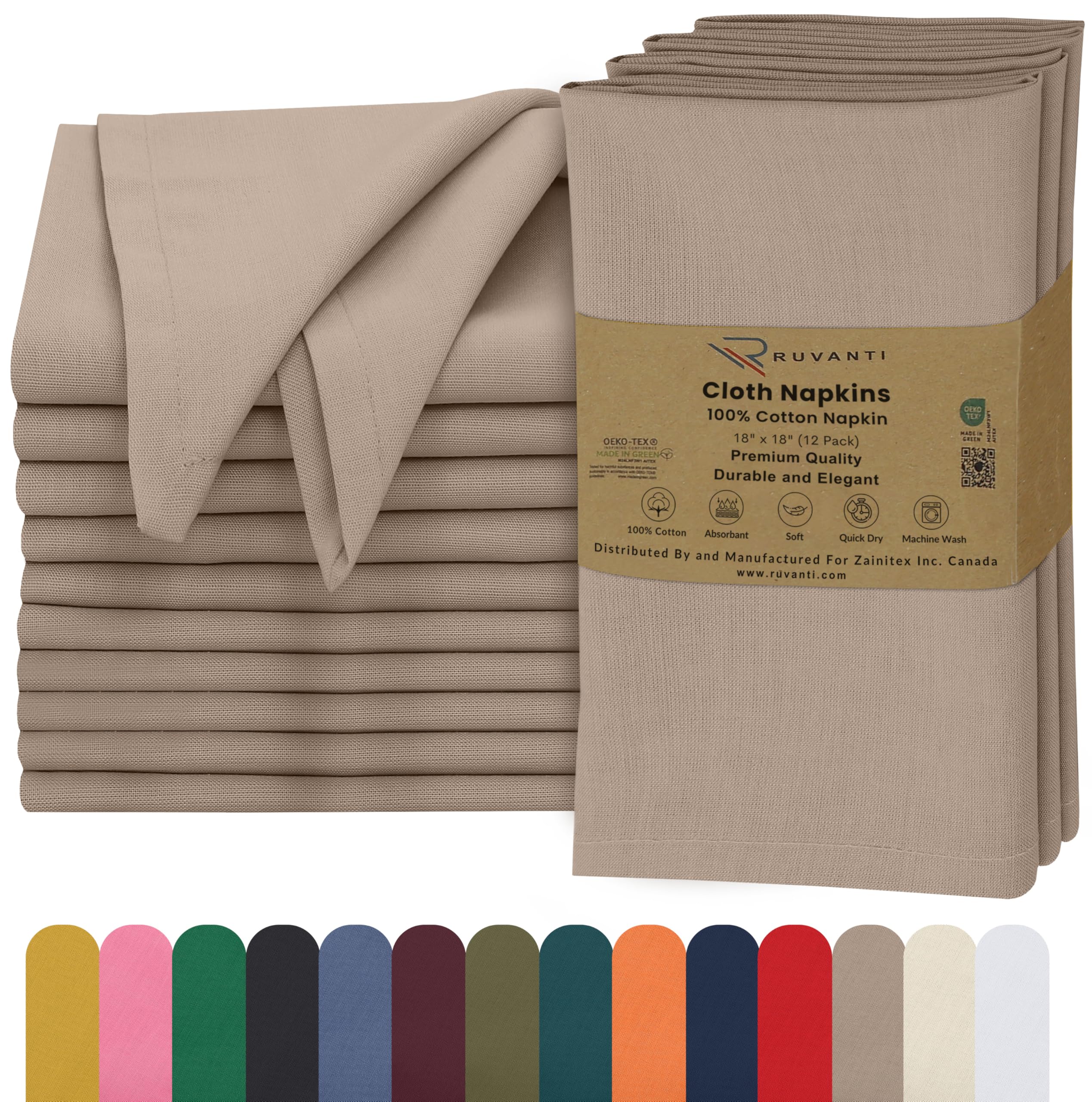 Ruvanti Light Taupe Cloth Napkins Set Of 12, 18X18 Inches, 100% Cotton, Washable, Soft & Absorbent, Perfect For Wedding, Christmas, ‎Thanksgiving Dinners