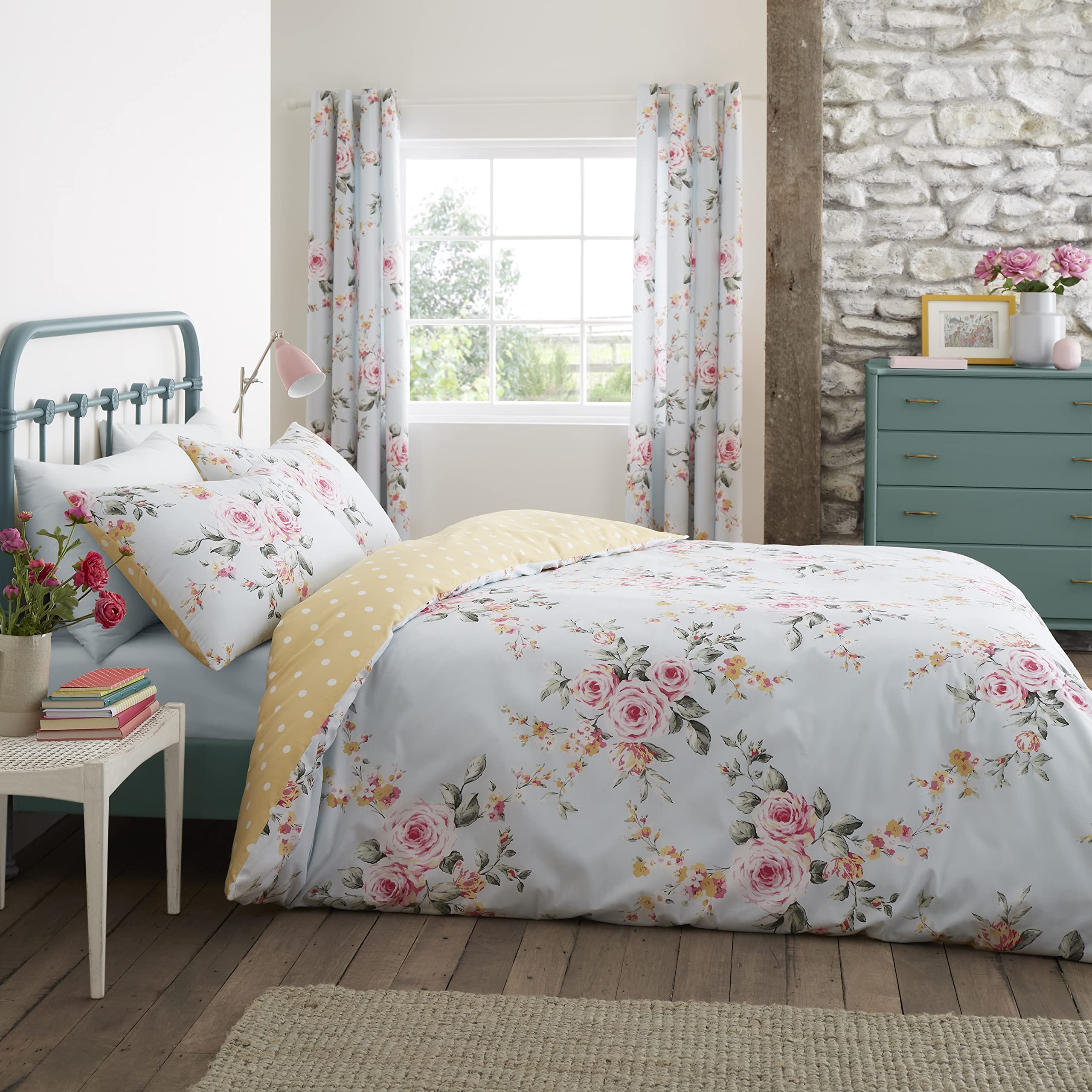 Catherine Lansfield Hometextiles, bedlinen, Duvet Set, cotton, Blue/Ochre, 155x220+80x80