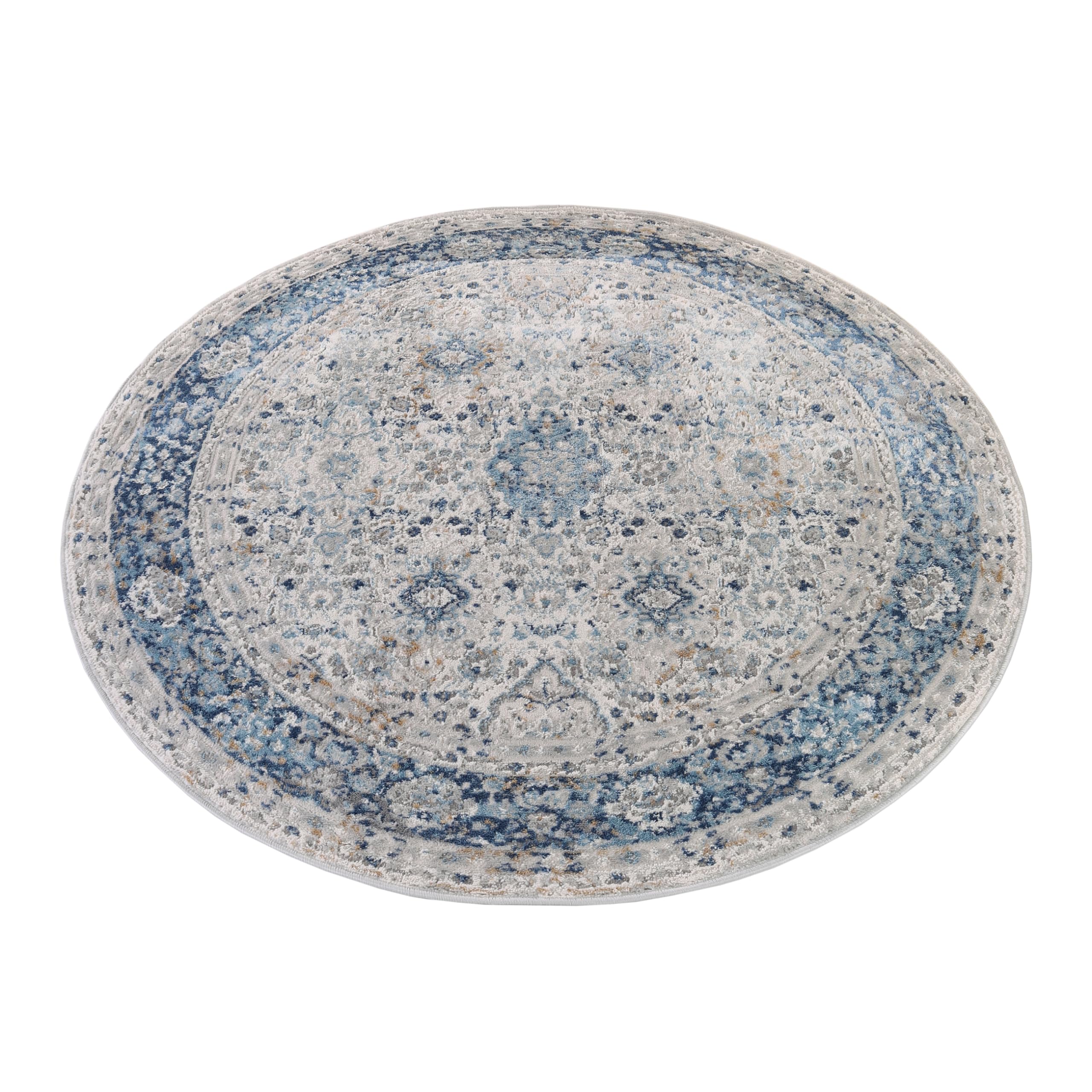 TAPISO Valley Rund Teppich Kurzflor Weiß Grau Blau Ornament 100 x 100 cm