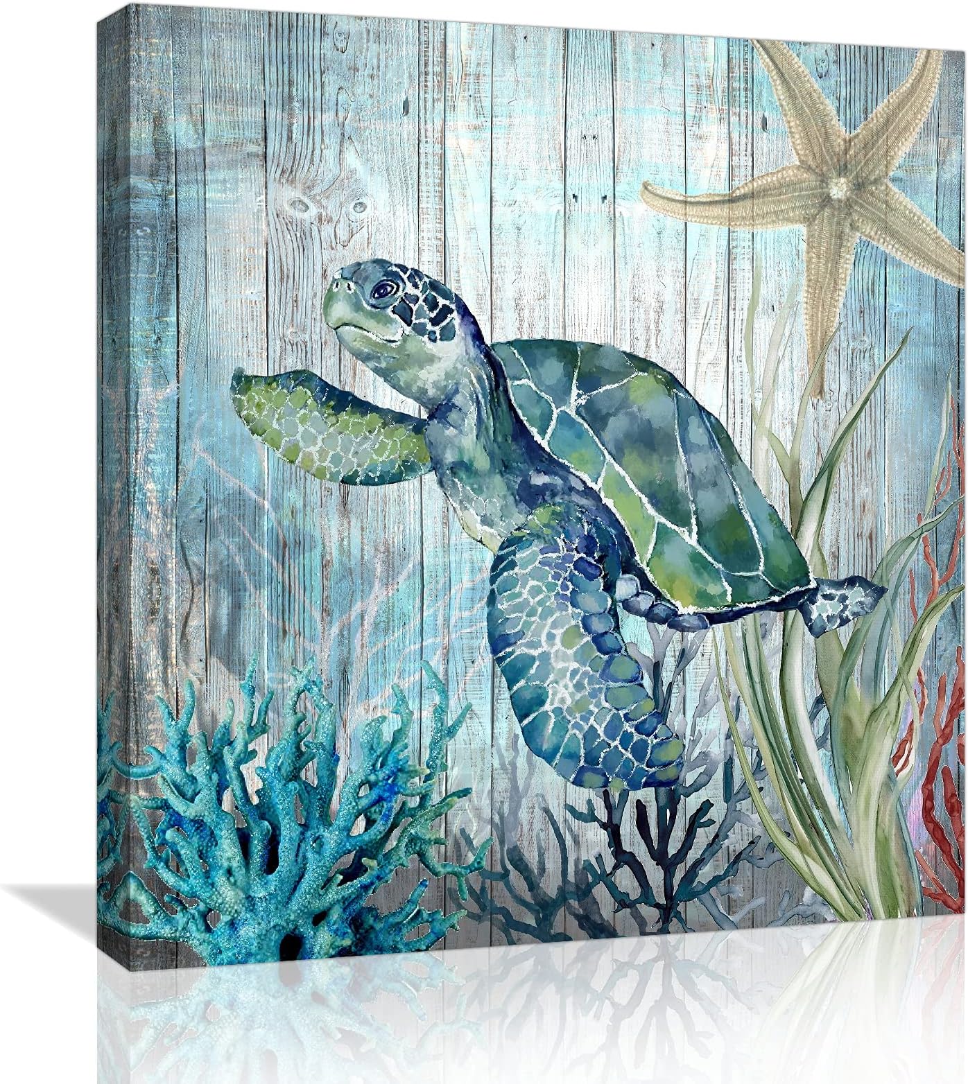 Sea Turtle Bathroom Wall Decor Modern Canvas Ocean Theme Painting Pictures Art Framed Artwork for Bedroom Home Office Kitchen Rustic Green Decoration Size 14x14, Blue and Green
