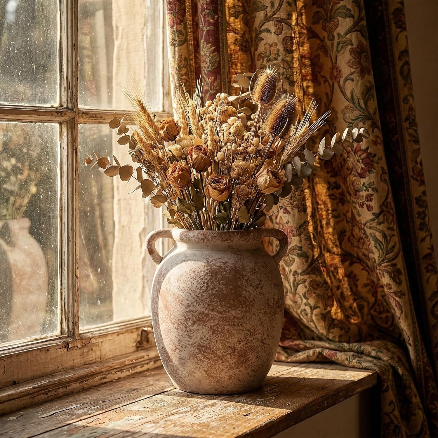 Ceramic Flower Vase Home Decor - 7.28Inch Farmhouse Rustic Vase,Double Handle Pottery Terracotta Vases for Living Room Dining Bedroom Table Decor Festive Decor Housewarming Gift