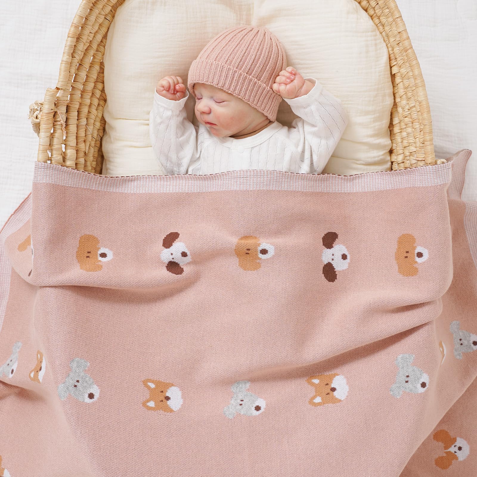 Avibae Cotton Baby Blanket for Newborns Soft Knitted Receiving Blanket for Pram and Cot with Cute Dog Pattern 100x80cm - Image 2