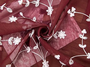 2 Panels Leaf Flora Embroidered Farmhouse Semi Sheer Curtain Voile Curtains for Living Room Bedroom Window Treatment Burgundy Red 53 x 63 Inch