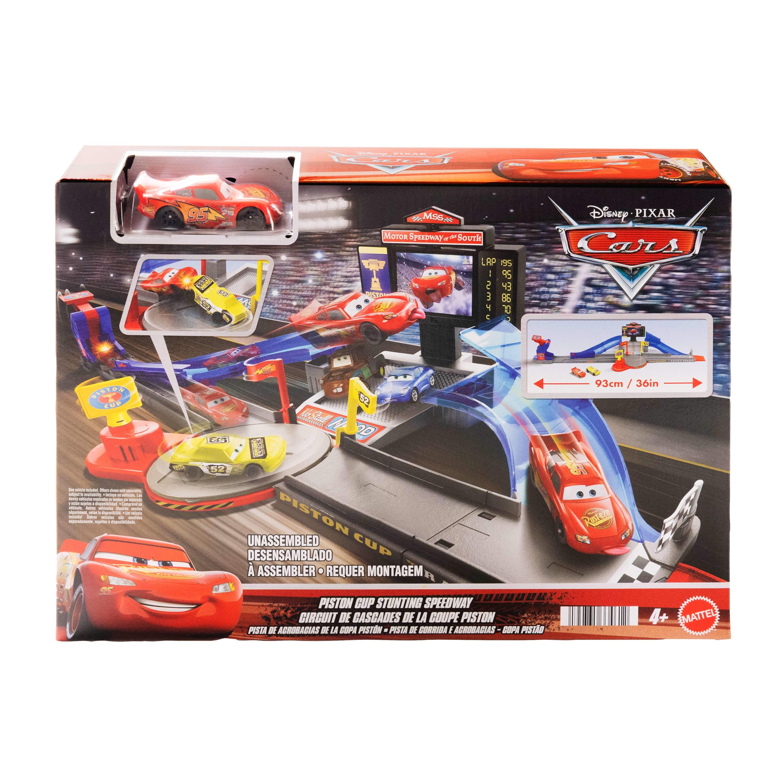 Mattel Disney · Pixar Cars Circuit Course Cascade Piston Cup avec Flash McQueen Langue pendue et Voiture accidentée, JHL42