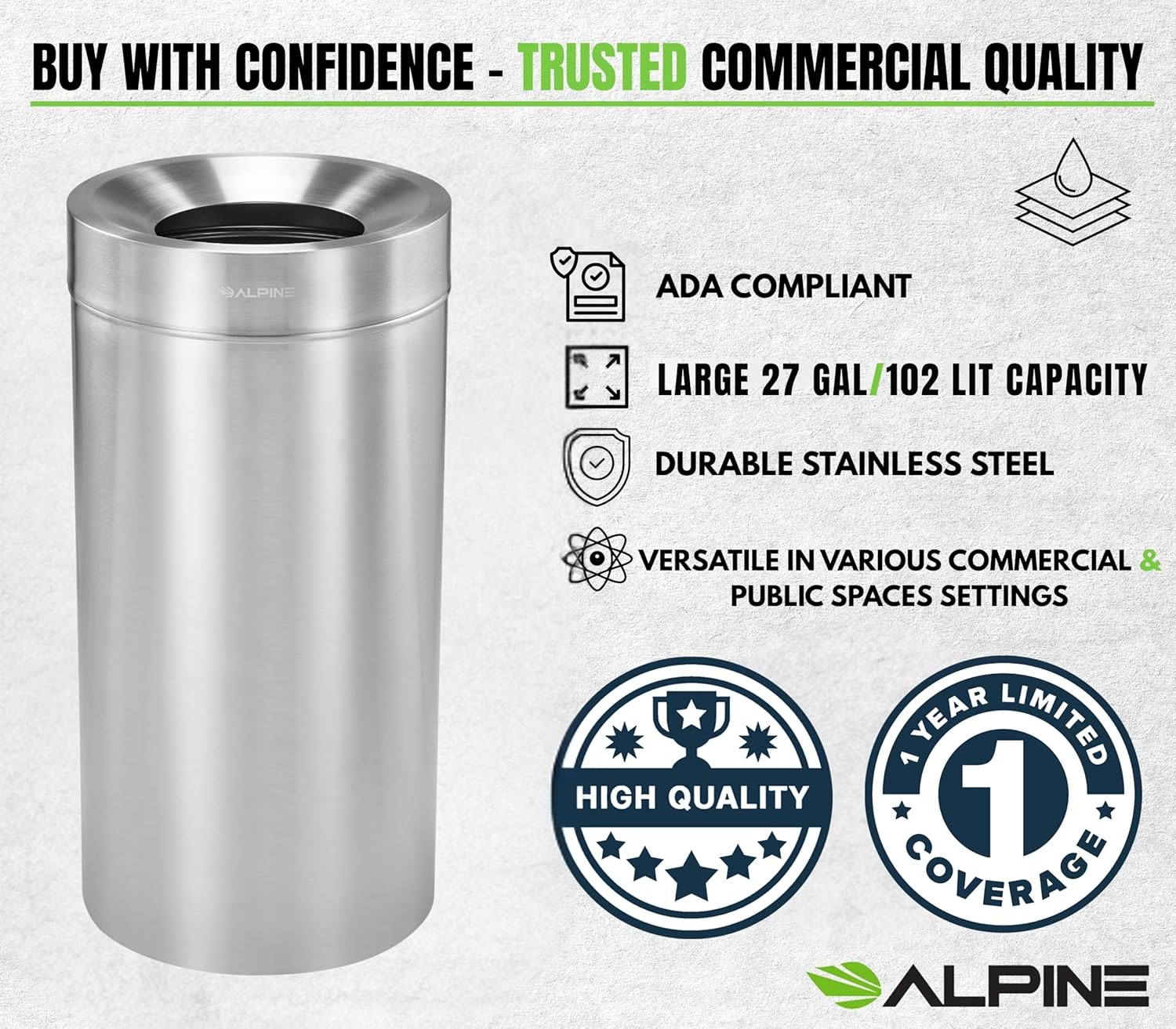 Alpine Indoor Commercial Trash Can Open Top- 27 Gallon Stainless Steel Garbage Can, Heavy Duty, Large, Tall Round Industrial Waste for Office, Hotel, Lobby, Business Bathrooms & High Traffic Areas
