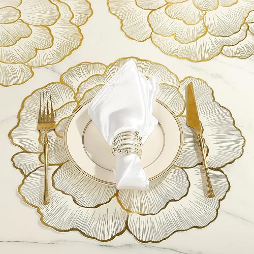 Miniatura 2 de fanquare Juego de 6 manteles individuales redondos florales dorados en forma de rosa de 15 pulgadas, manteles individuales metálicos impermeables