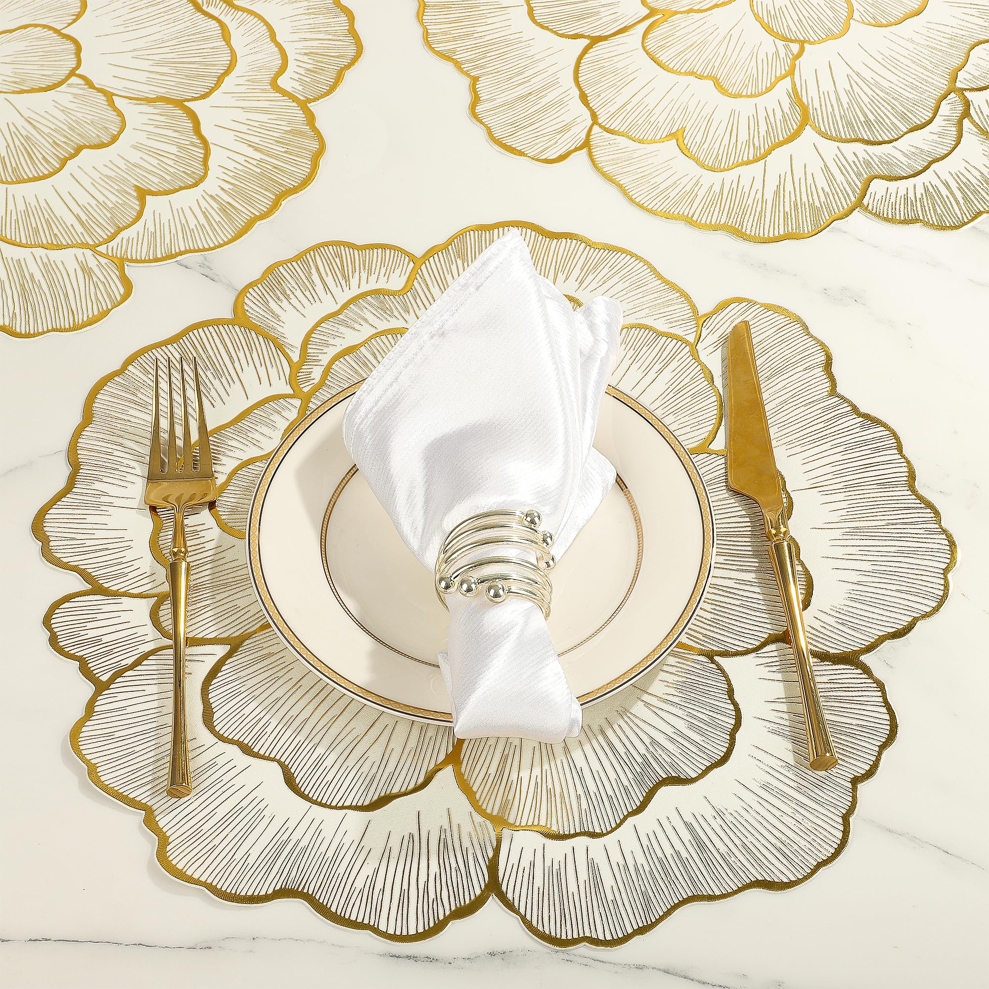 fanquare Gold Placemats Set of 6 Floral Elegant PVC Rose Flower Place Mats with Gold Border Heat Resistant Washable Non-Slip Tablemats for Dining Table Kitchen Decoration 38cm - Image 2
