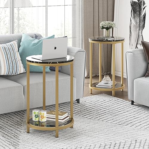 Miniatura 8 de WiberWi Juego de 2 mesas auxiliares redondas, mesa auxiliar moderna con marco de metal dorado y parte superior de mármol sintético, mesita de noche