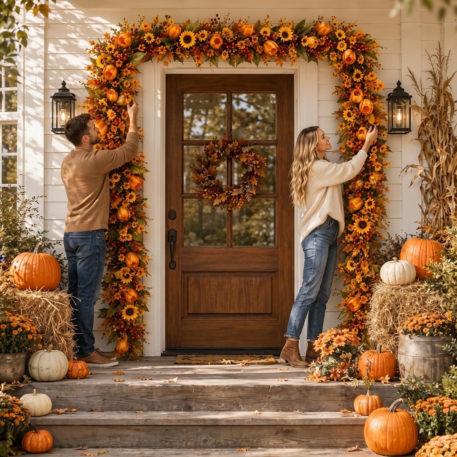 Suncalla 6ft Fall Garland for Mantle, Autumn Artificial Tulip Daisy Garland