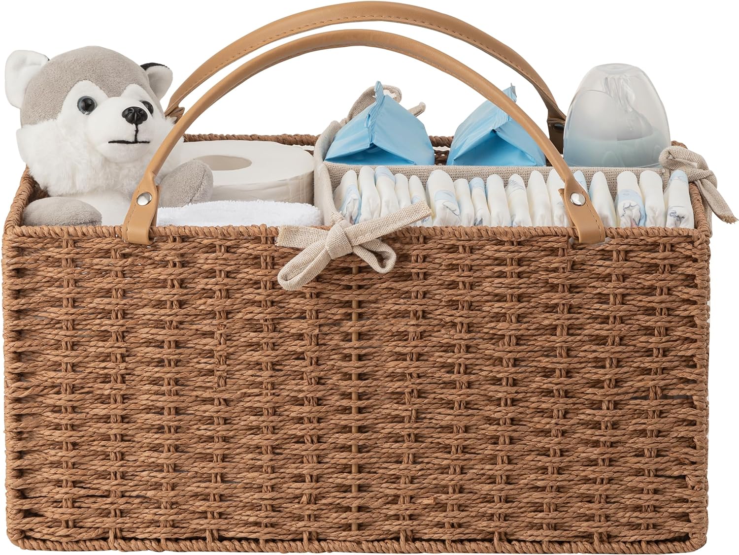 HBlife Large Baby Diaper Caddy Organizer - Paper Rope Nursery Basket with Removable Divider, Portable Storage for Diapers & Essentials