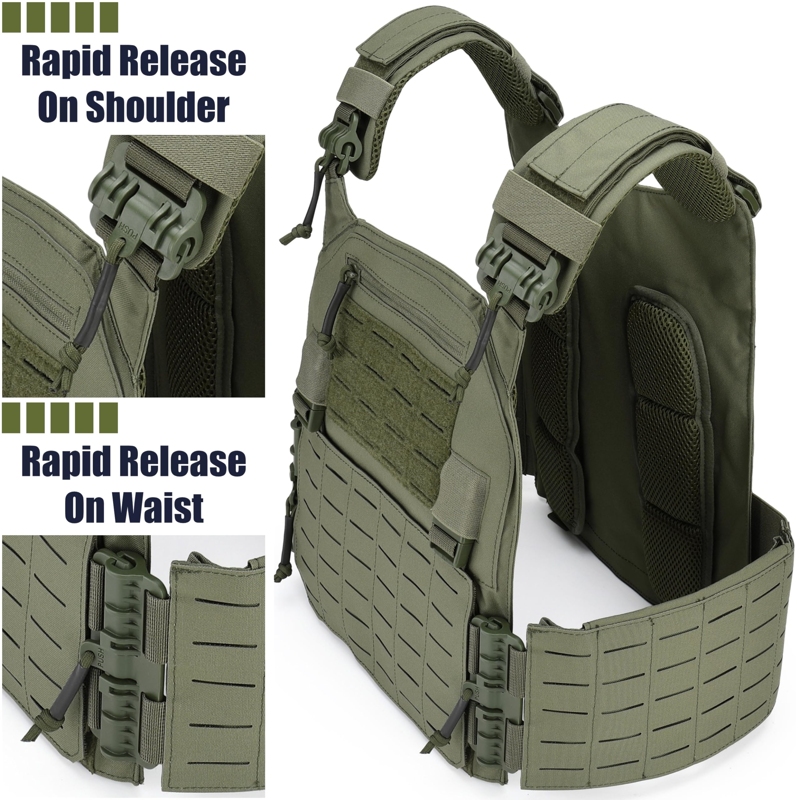 DEYACE Tactical Quick Release Vest for Men, Fully Adjustable Plate Carriers Vest with Breathable 3D Mesh Liner