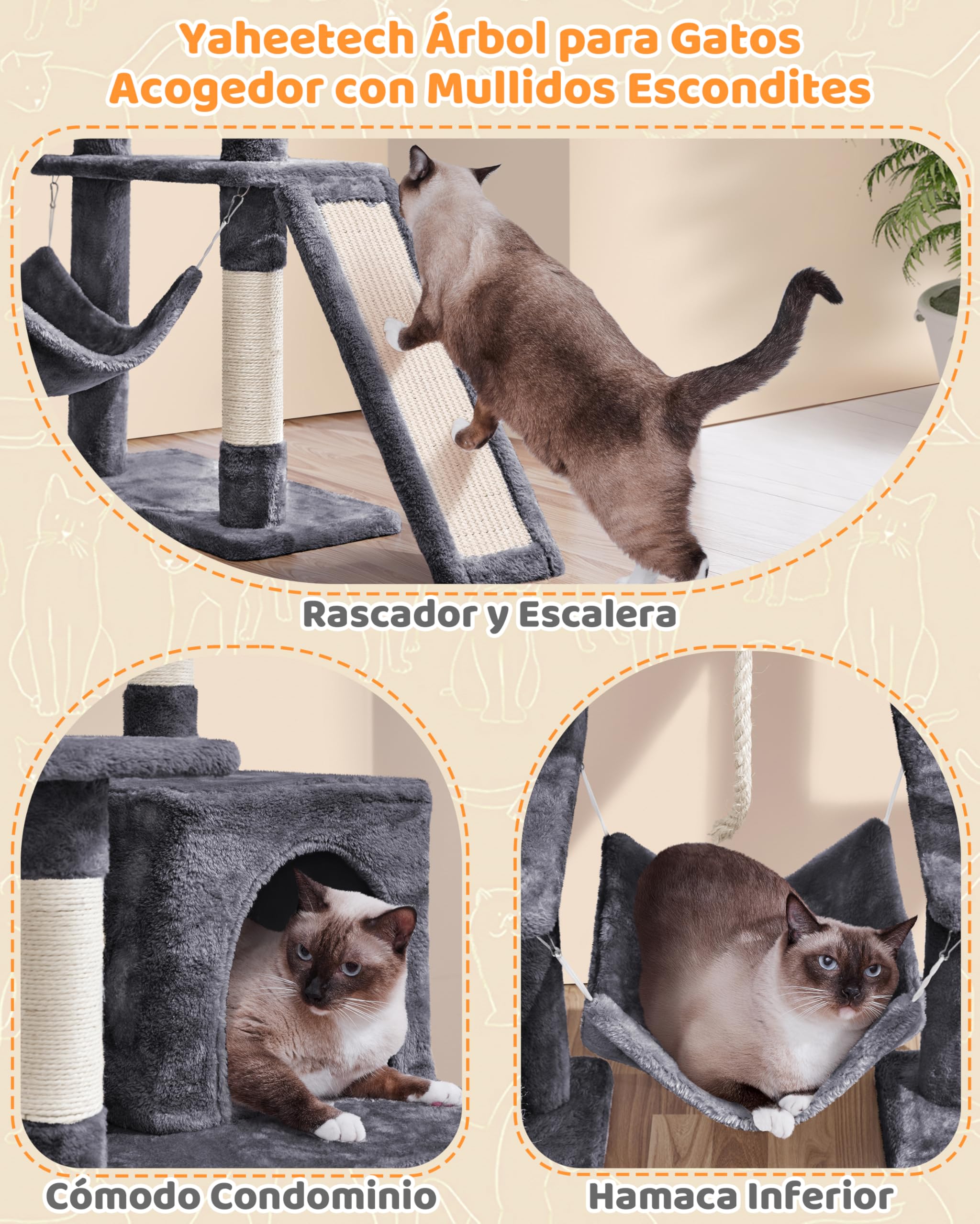 Yaheetech Árbol rascador para Gatos Grandes Torre de Gatos de Altura 159 cm con Múltiples Plataformas Cueva Tela de Felpa Condominio Perchero Hamaca Gris Oscuro