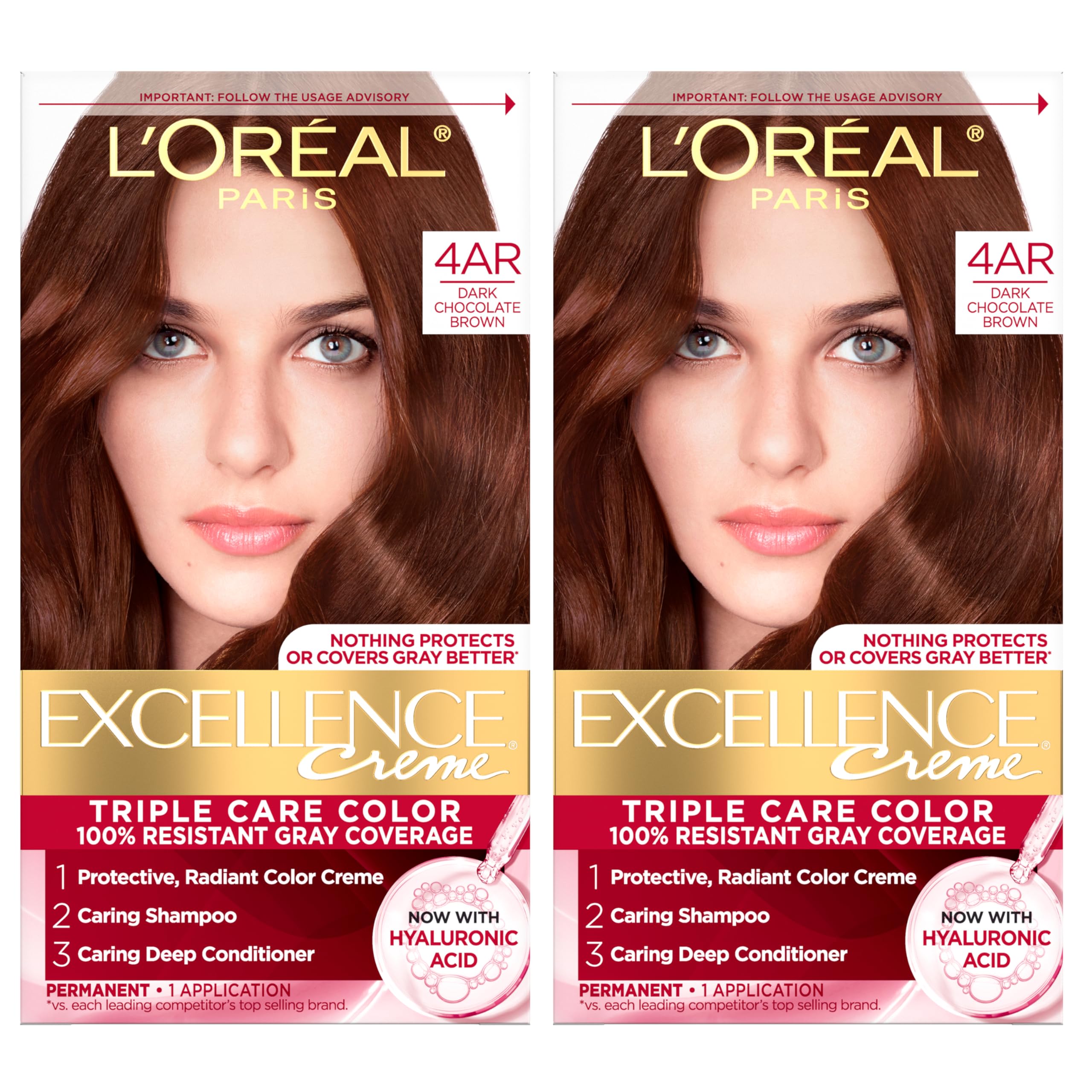 L'Oreal Paris Excellence Crème Permanent Hair Dye, Triple Care Hair Color with Pro-Keratine Complex for 100% Gray Hair Coverage, 4AR Dark Chocolate Brown, 1 Kit (Pack of 2)
