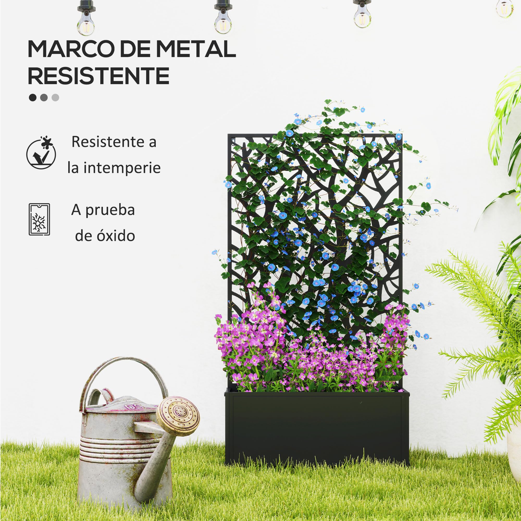 Outsunny Grande fioriera in metallo per esterni Foglie decorative Schermo per la privacy da parete o fioriera indipendente per terrazza 61x23x113 cm Nero