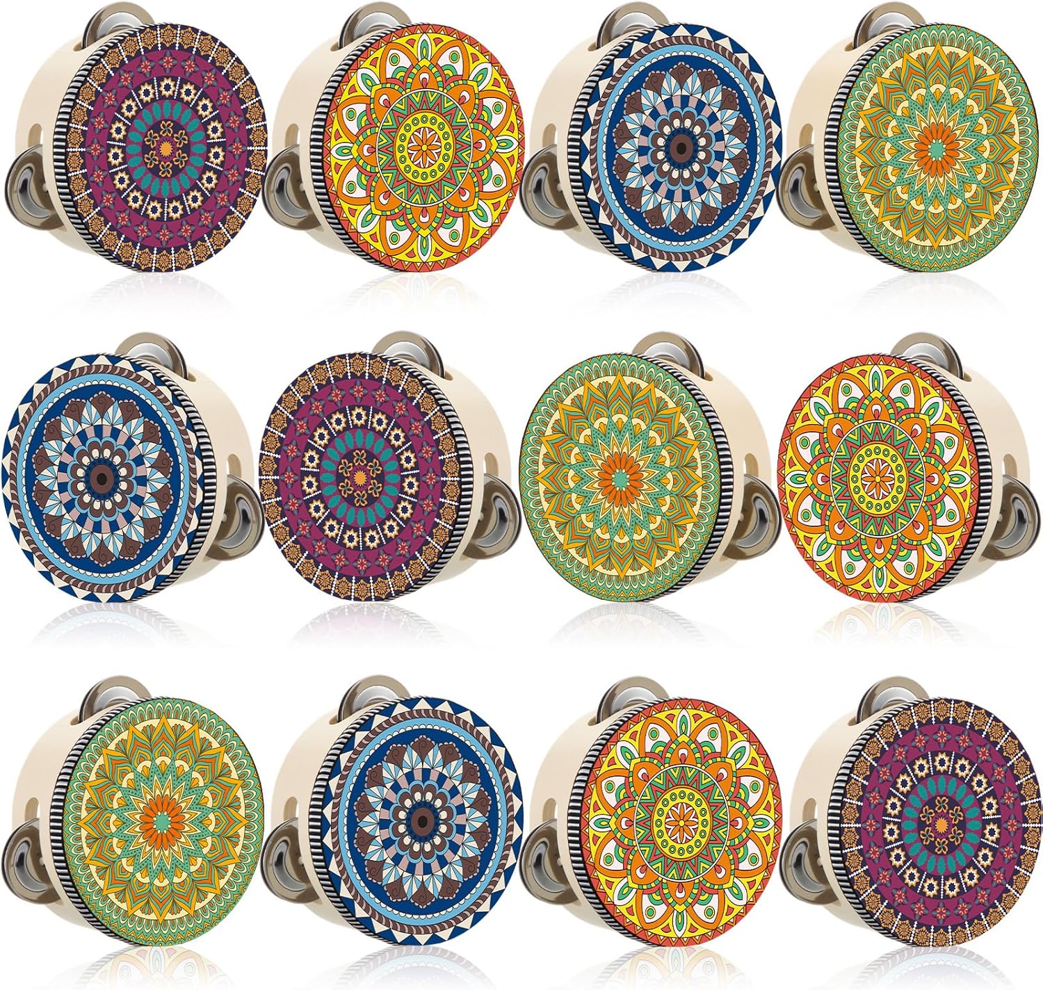 Boao 12 Pcs 4 Inch Mandala Tambourines Bulk Wooden Hand Drum with Metal Jingles Decorative Boho Percussion Instrument for Adults, Church, Wedding, Dance, Party Favors, Photography Props