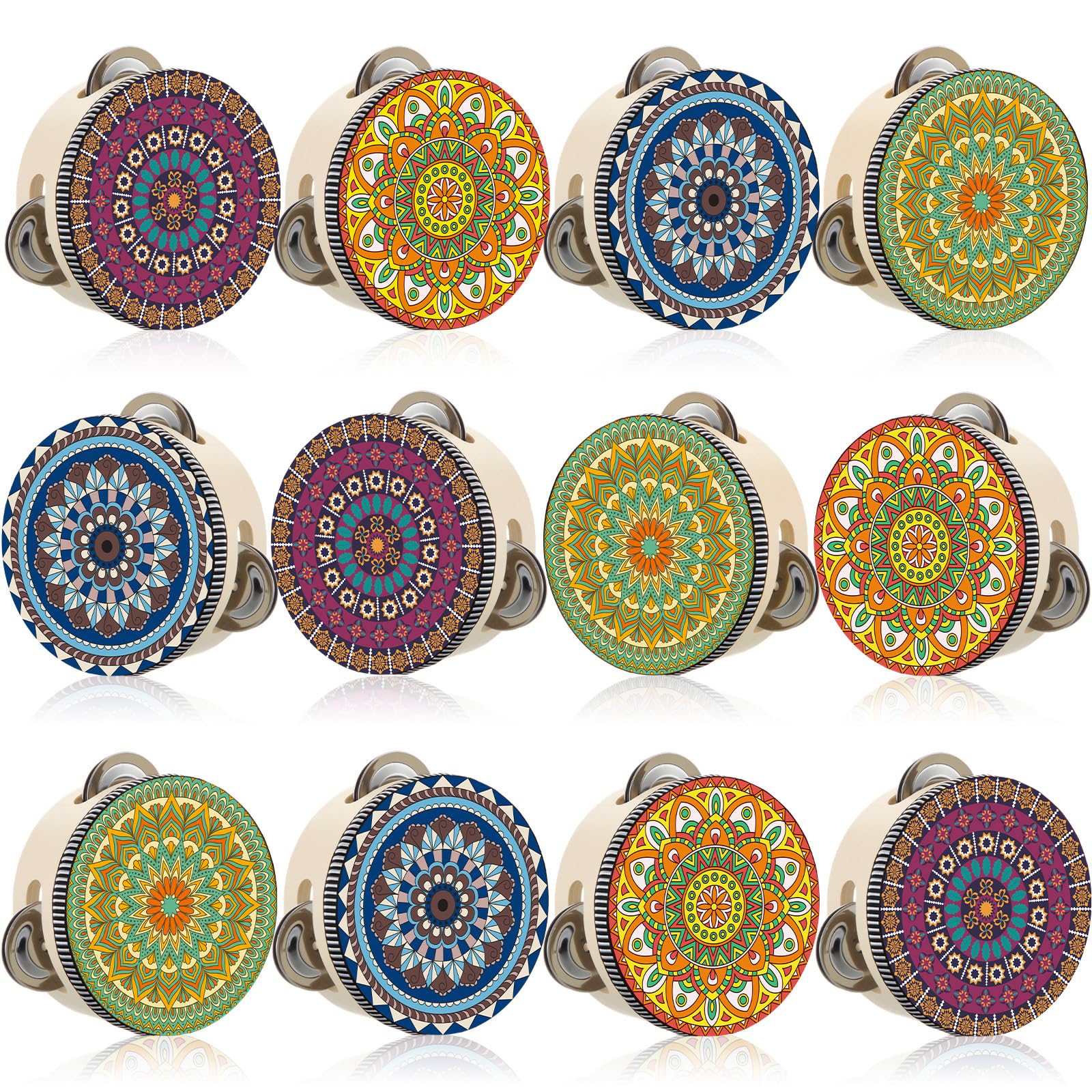 Boao Mandala-Tamburine aus Holz, 10,2 cm, mit Metallschellen, dekoratives Boho-Percussion-Instrument für Erwachsene, Kirche, Hochzeit, Tanz, Partyzubehör, Fotografie-Requisiten, 12 Stück