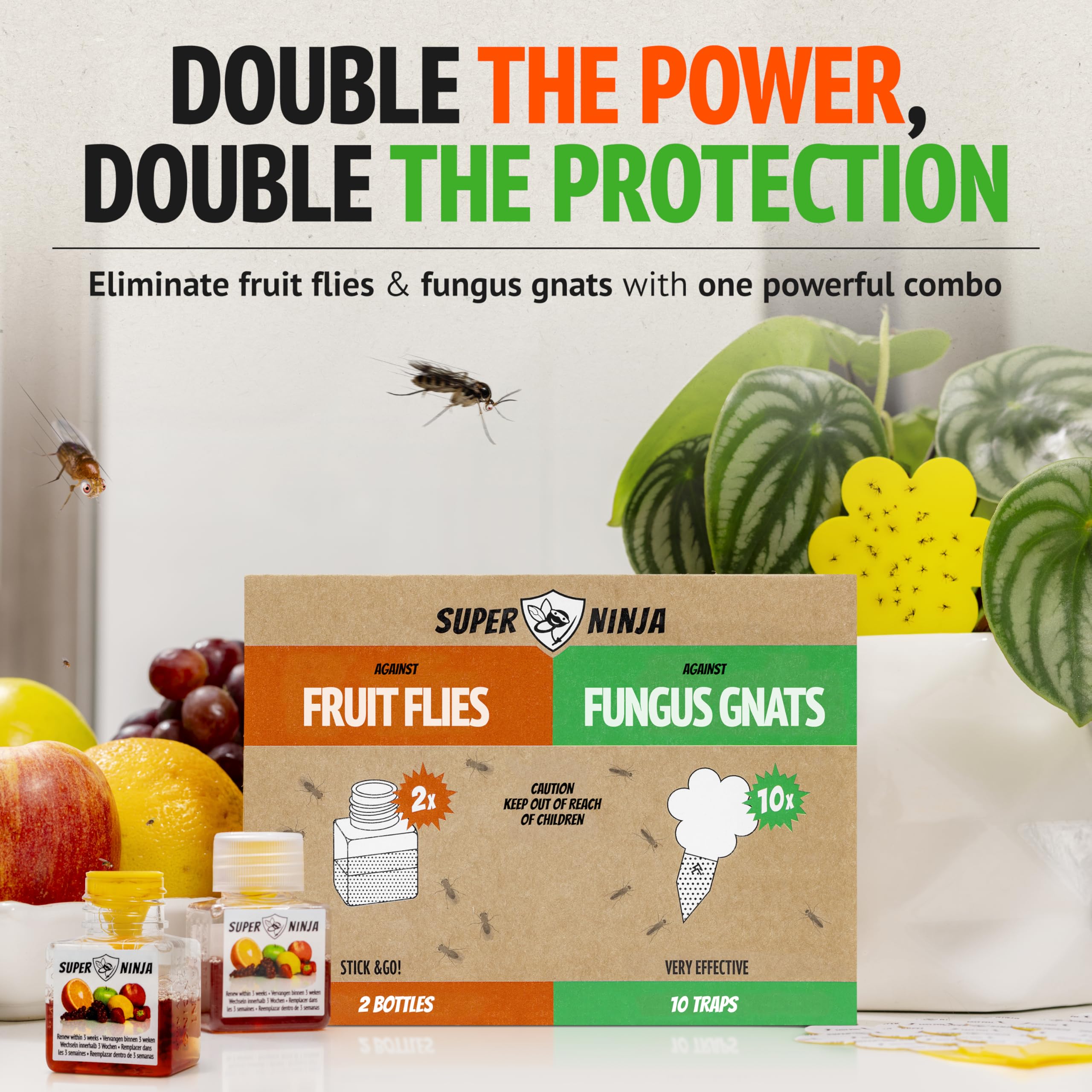 Super Ninja Fruit Fly Trap & Fungus Gnat Killer Combo – 2 Fruit Fly Catcher  + 10