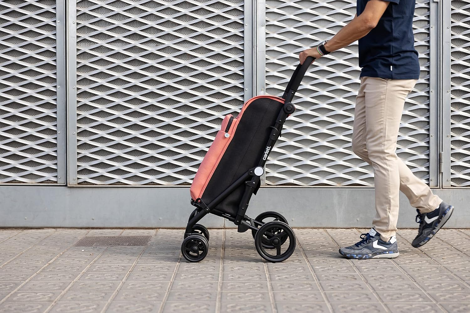 Shopping Trolley, Folding Trolley for Supermarket, with 4 Rain Resistant Wheels and a Large Capacity 32 kg, Main Bag 64L, Thermal 12L and Back Pocket – Salmon